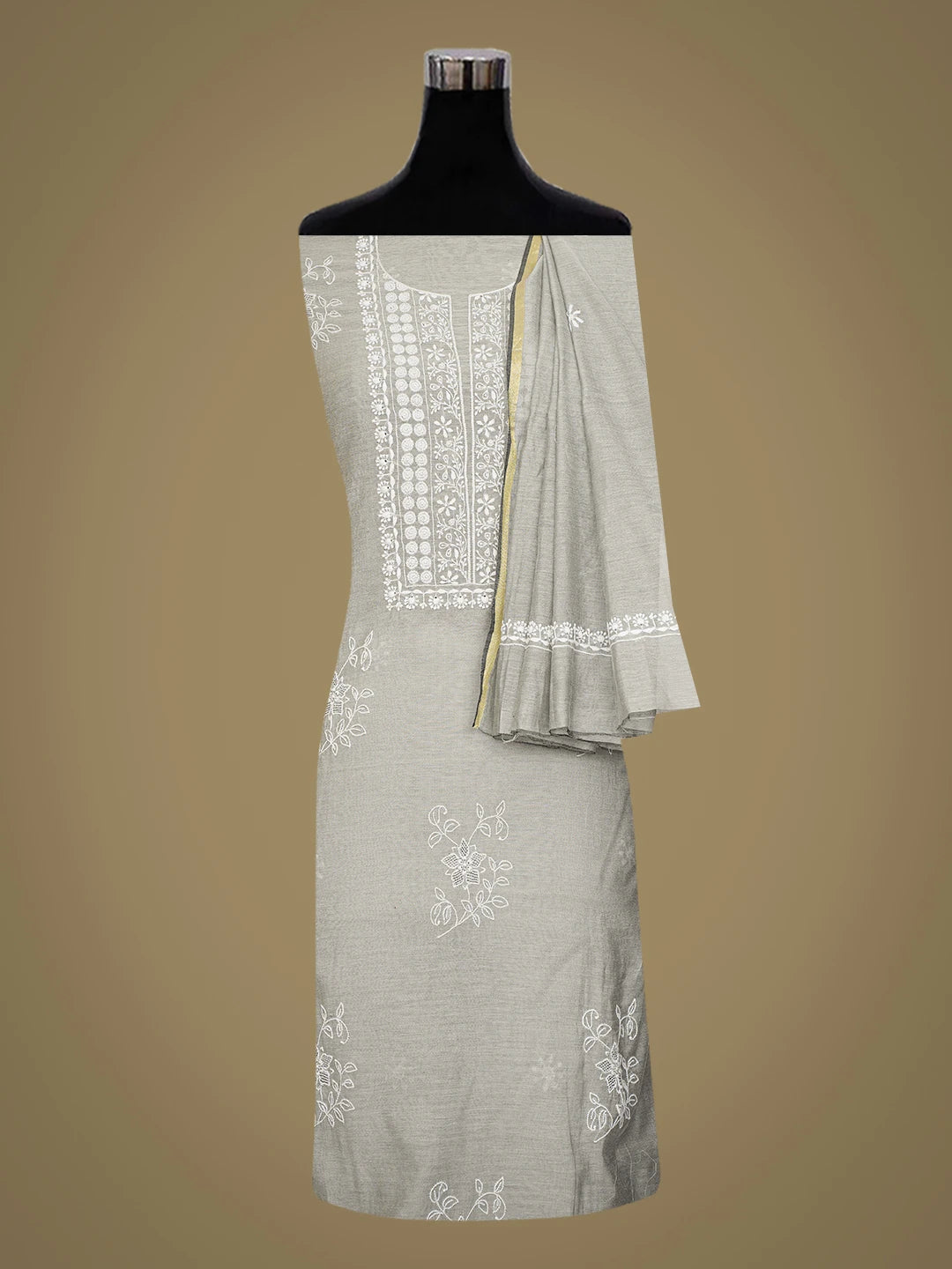 Ada Hand Embroidered Grey Chanderi Lucknowi Chikankari Unstitched Kurta Dupatta Set 01A552402