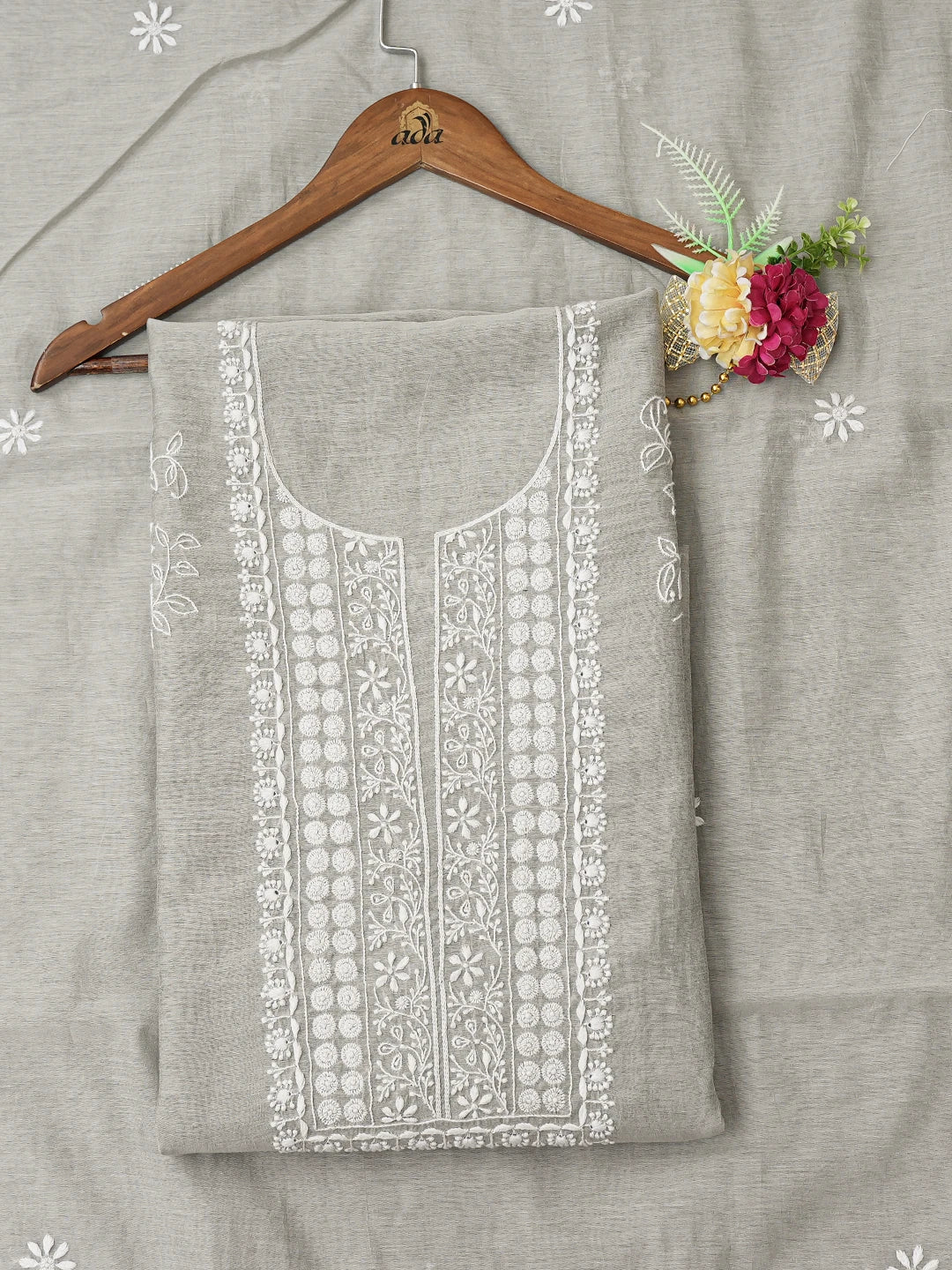 Ada Hand Embroidered Grey Chanderi Lucknowi Chikankari Unstitched Kurta Dupatta Set 01A552402