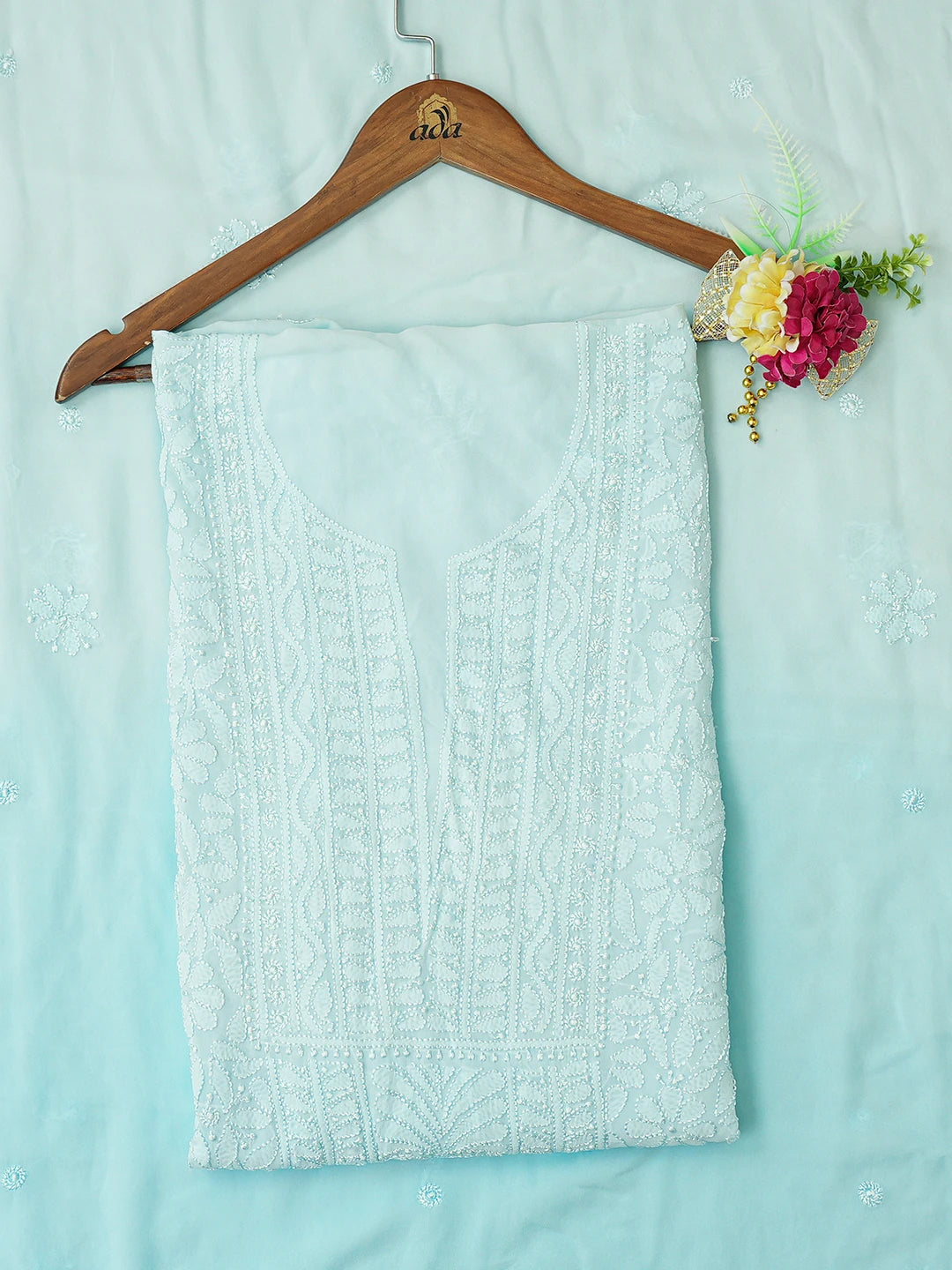 Ada Hand Embroidered Sky Blue Viscose Georgette Lucknowi Chikankari Unstitched Kurta Dupatta Set 01A751121