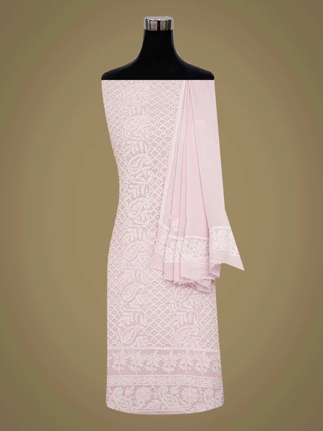 Ada Hand Embroidered Lavender Pink Pure Georgette Lucknowi Chikankari Unstitched Kurta Dupatta Set With Zari Work 01A705431