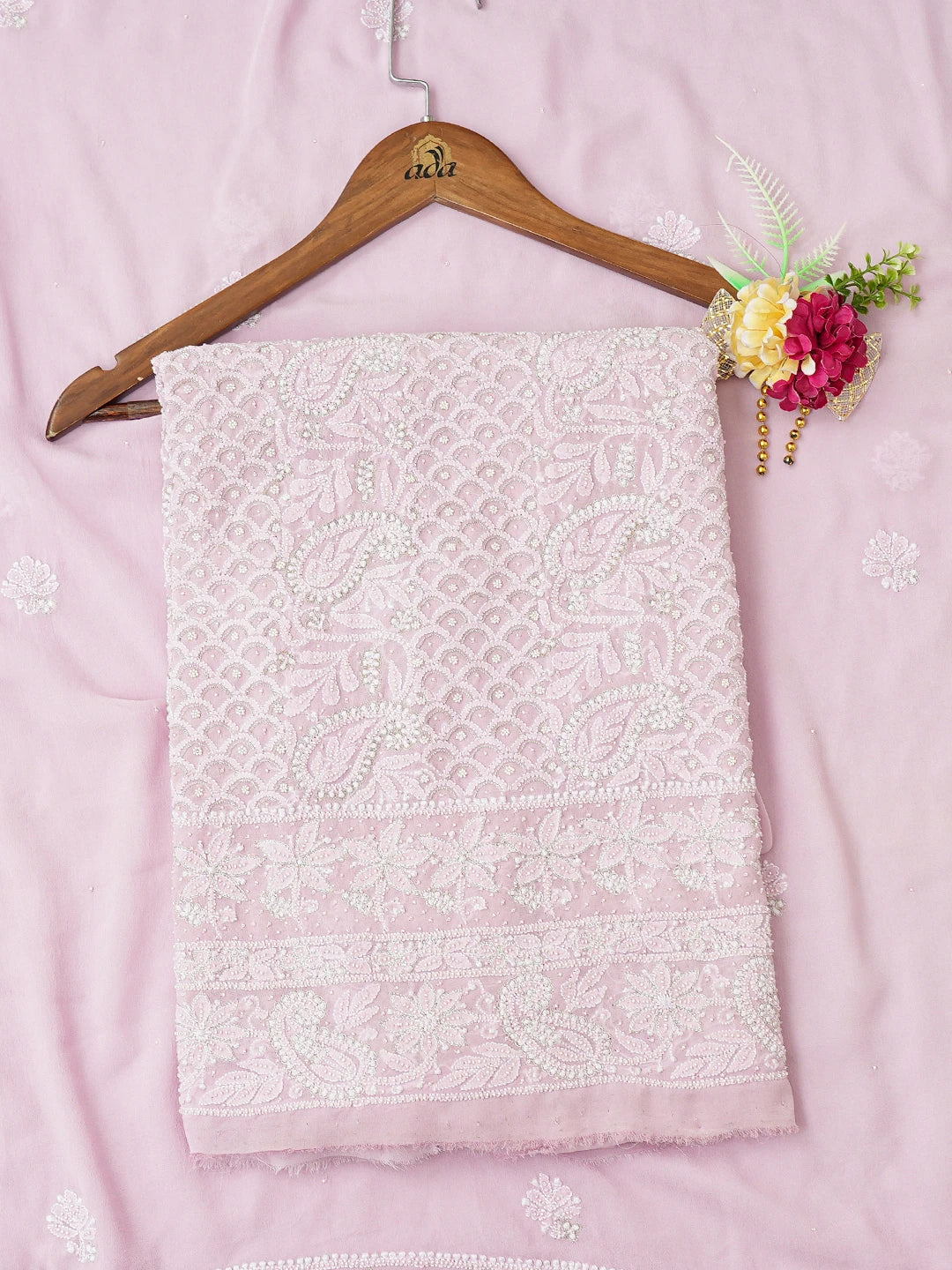 Ada Hand Embroidered Lavender Pink Pure Georgette Lucknowi Chikankari Unstitched Kurta Dupatta Set With Zari Work 01A705431