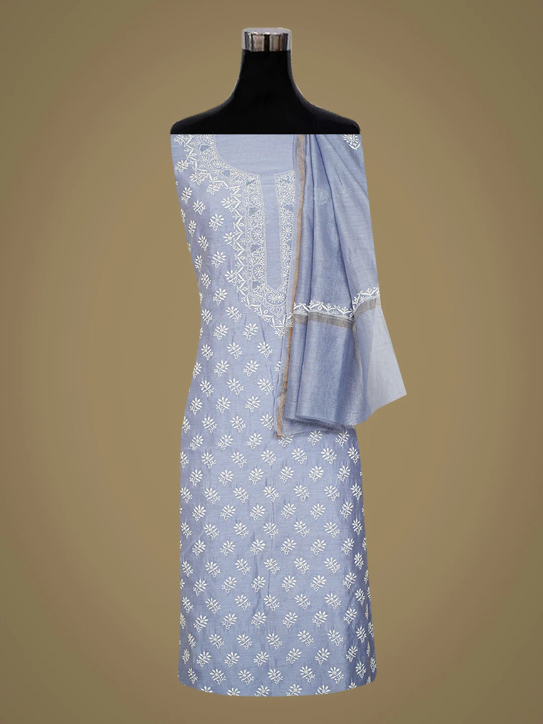 Ada Hand Embroidered Glaucous Blue Chanderi Lucknowi Chikankari Unstitched Kurta Dupatta Set 01A760450