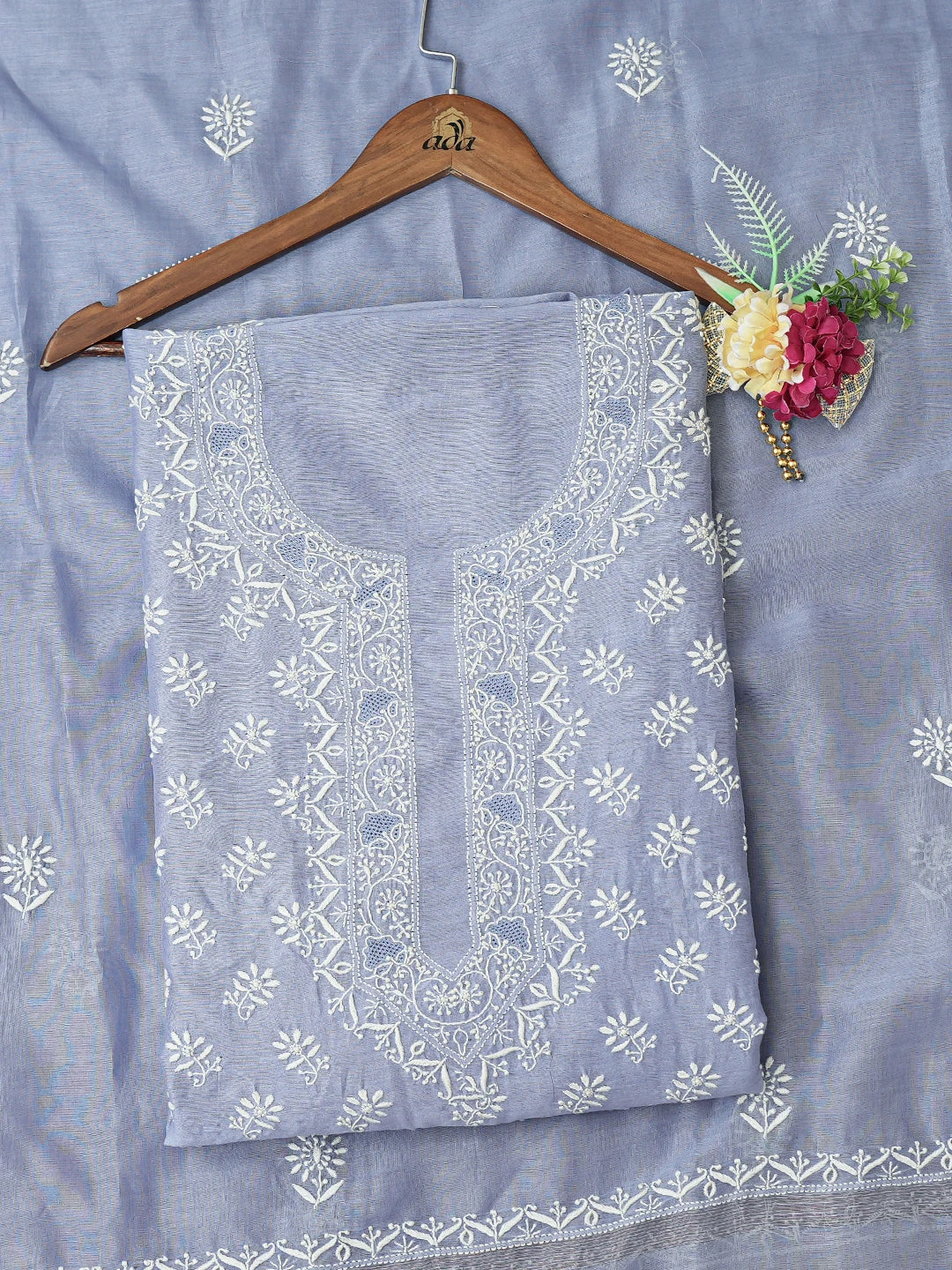 Ada Hand Embroidered Glaucous Blue Chanderi Lucknowi Chikankari Unstitched Kurta Dupatta Set 01A760450