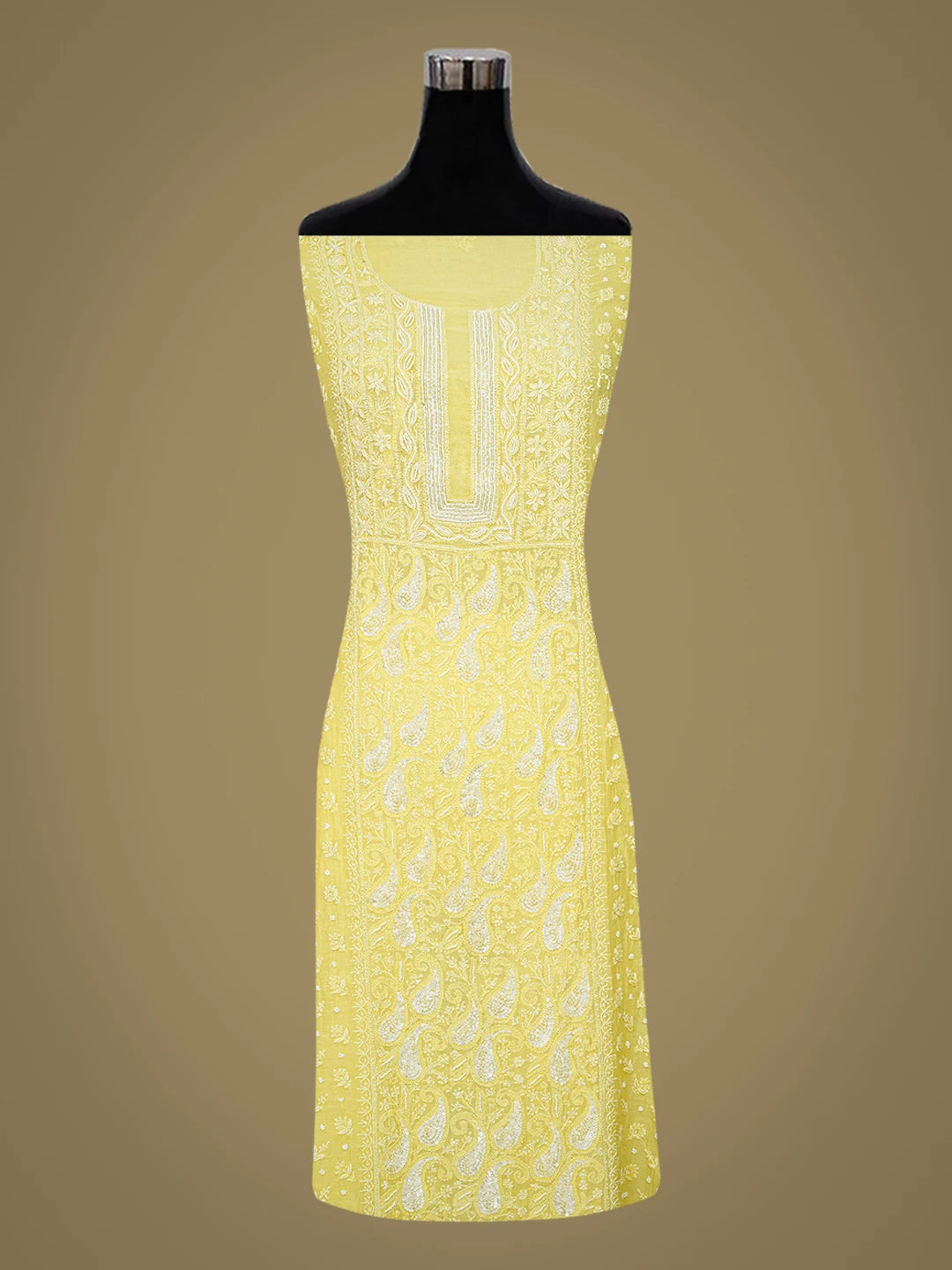 Ada Hand Embroidered Yellow Chanderi Lucknowi Chikankari Semi-Stitched Kurta Dupatta Set 01A744486