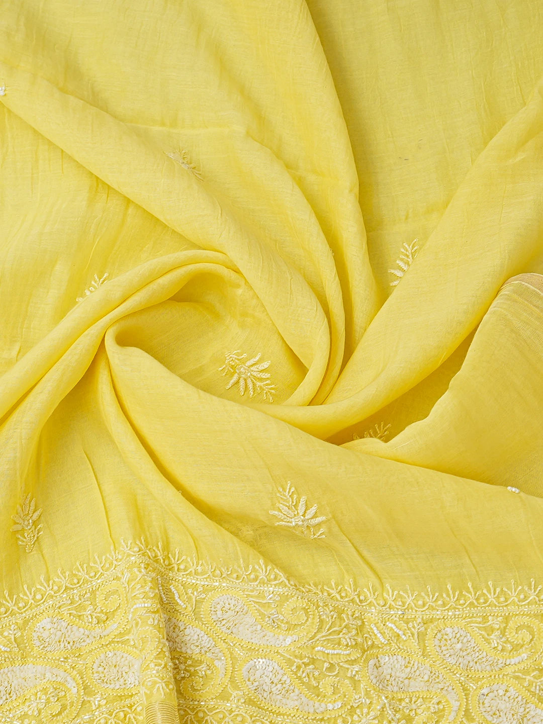 Ada Hand Embroidered Yellow Chanderi Lucknowi Chikankari Semi-Stitched Kurta Dupatta Set 01A744486