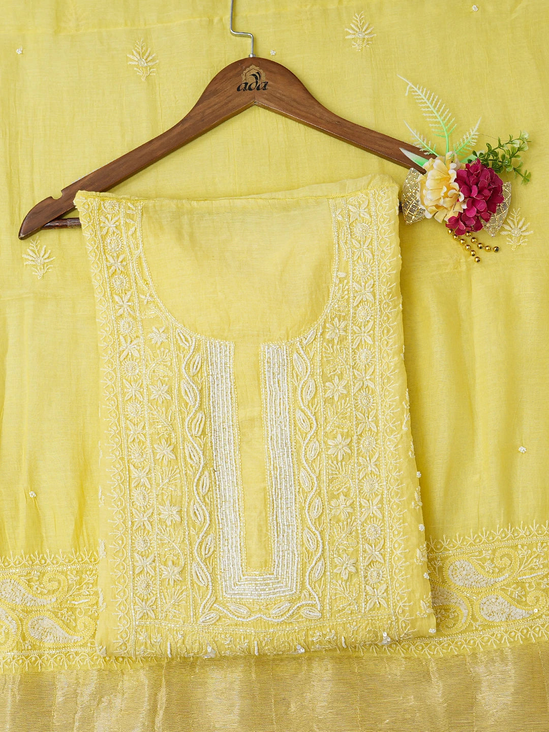 Ada Hand Embroidered Yellow Chanderi Lucknowi Chikankari Semi-Stitched Kurta Dupatta Set 01A744486