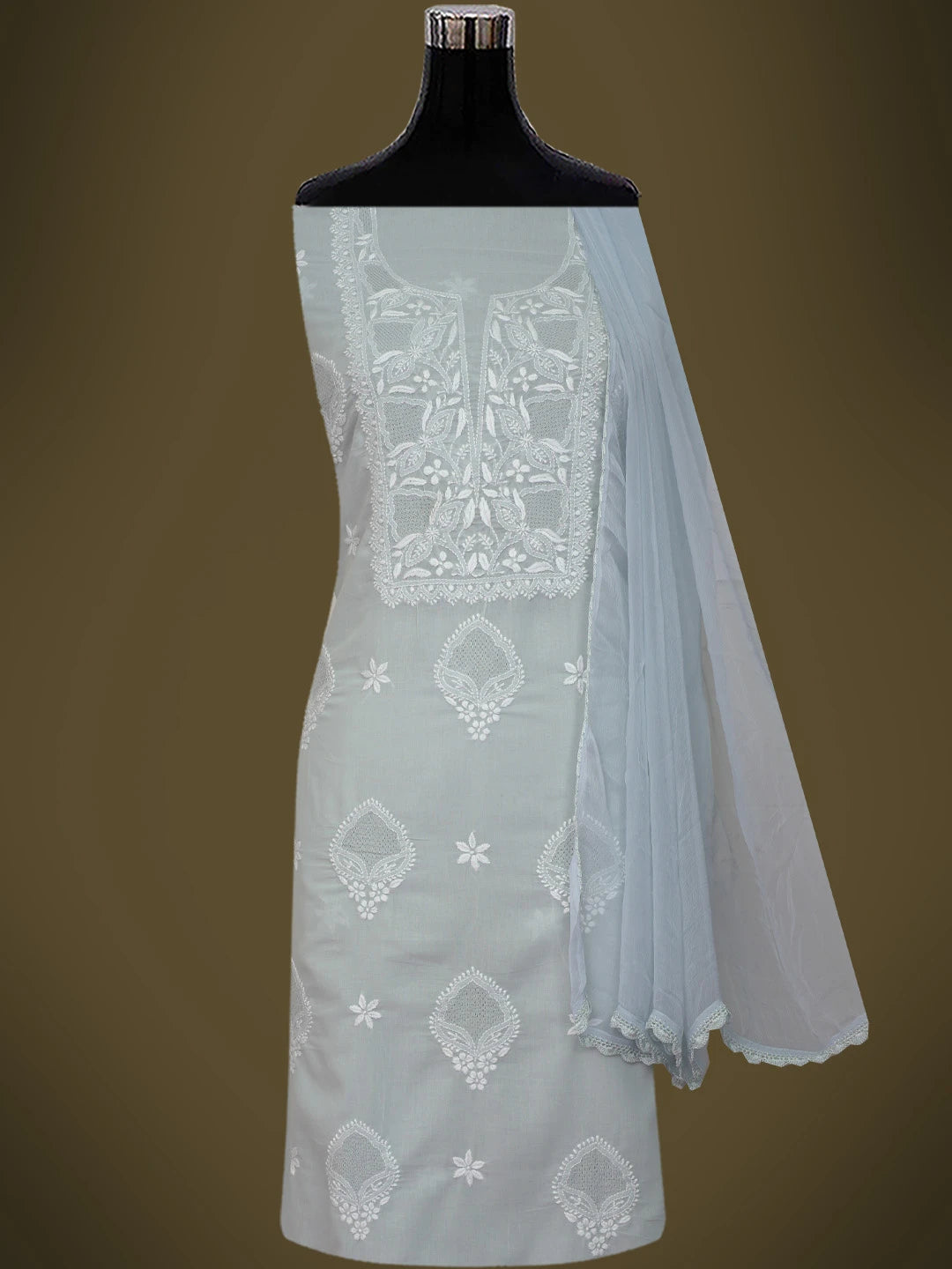 Ada Hand Embroidered Grey Cotton Lucknowi Chikankari Unstitched Suit Piece 01A762979
