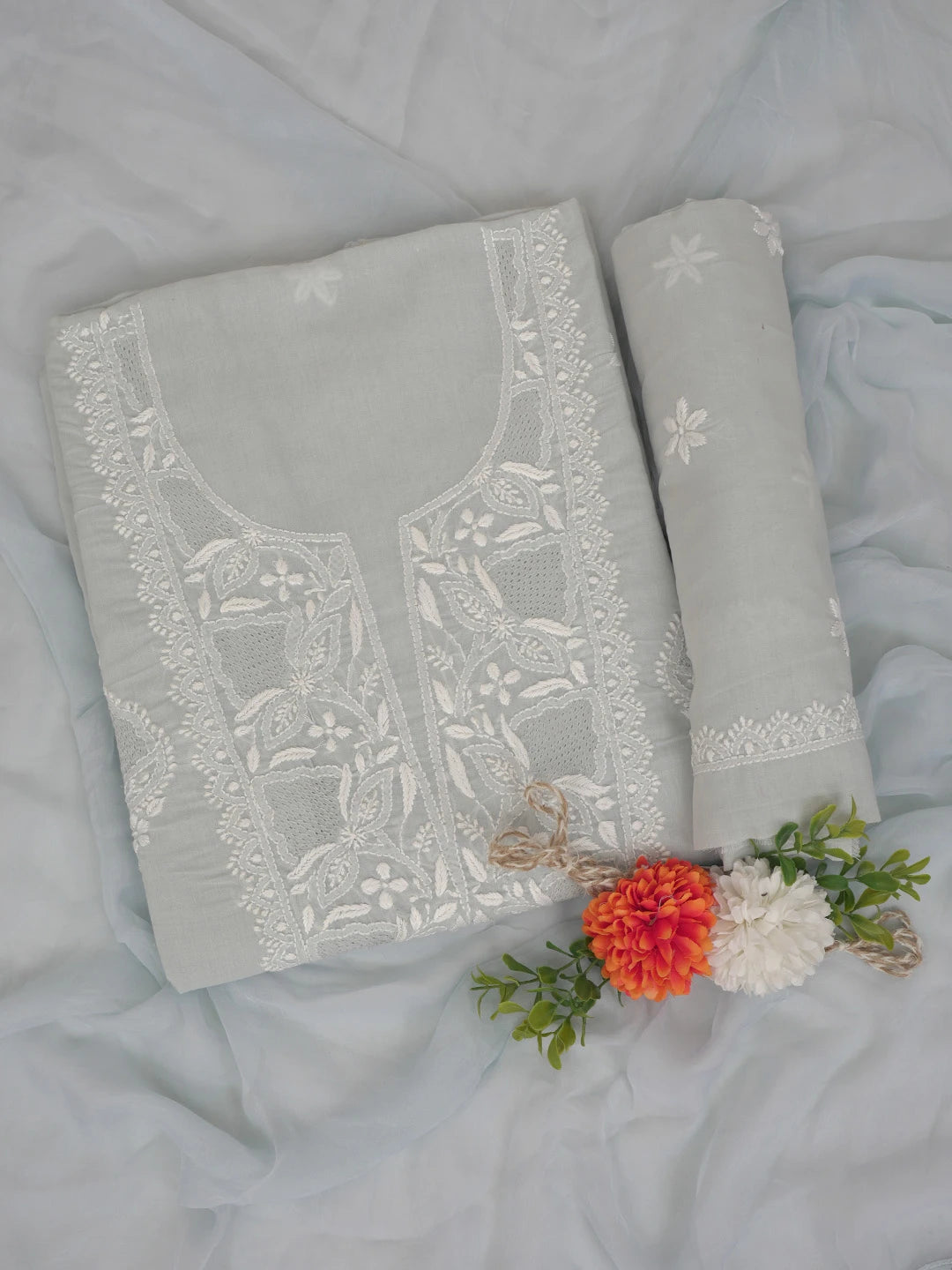 Ada Hand Embroidered Grey Cotton Lucknowi Chikankari Unstitched Suit Piece 01A762979
