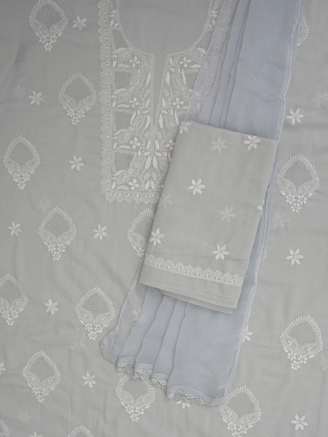 Ada Hand Embroidered Grey Cotton Lucknowi Chikankari Unstitched Suit Piece 01A762979