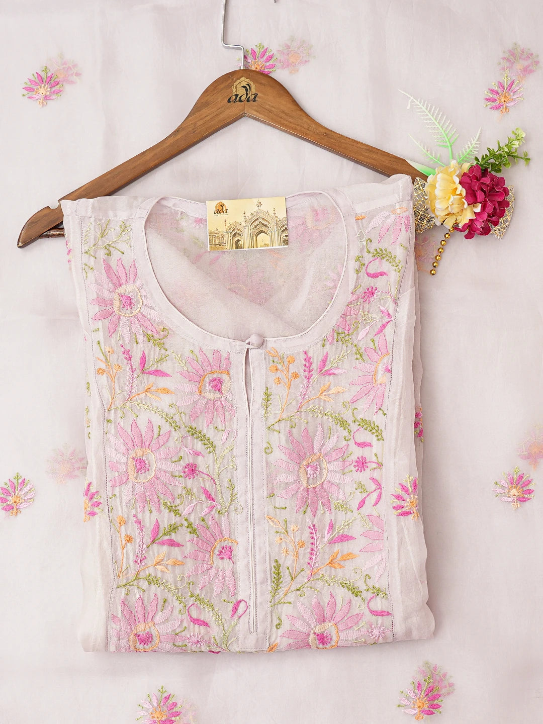 Ada Hand Embroidered Lavender Organza Lucknowi Chikankari Semi-Stitched Kurta Dupatta Set 01A759809