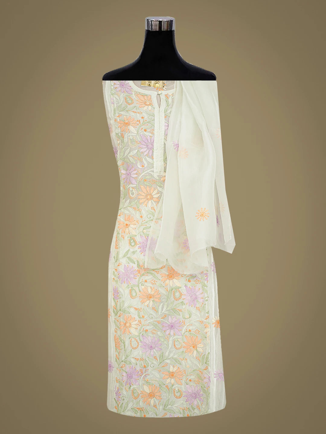 Ada Hand Embroidered Tea Green Organza Lucknowi Chikankari Semi-Stitched Kurta Dupatta Set 01A759817