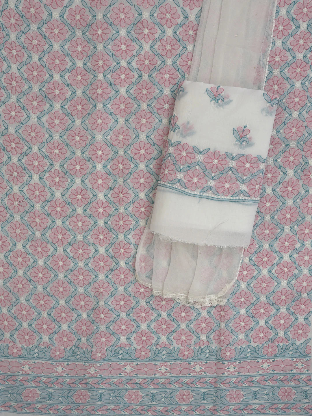 Ada Hand Embroidered White Cotton Lucknowi Chikankari Unstitched Suit Piece 01A765395