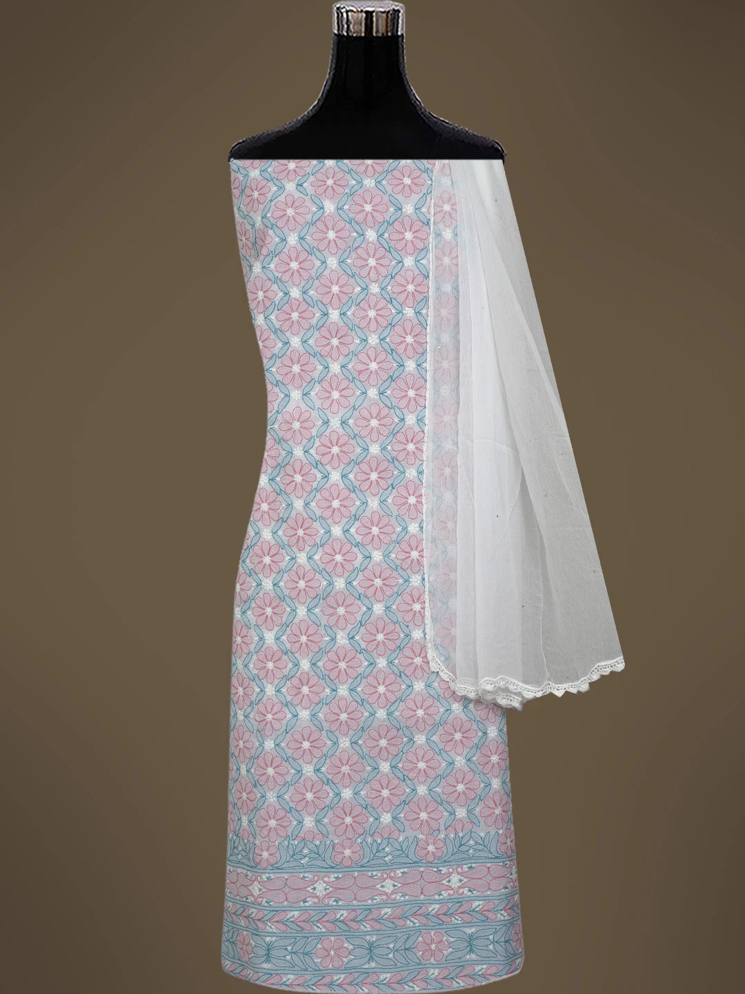 Ada Hand Embroidered White Cotton Lucknowi Chikankari Unstitched Suit Piece 01A765395