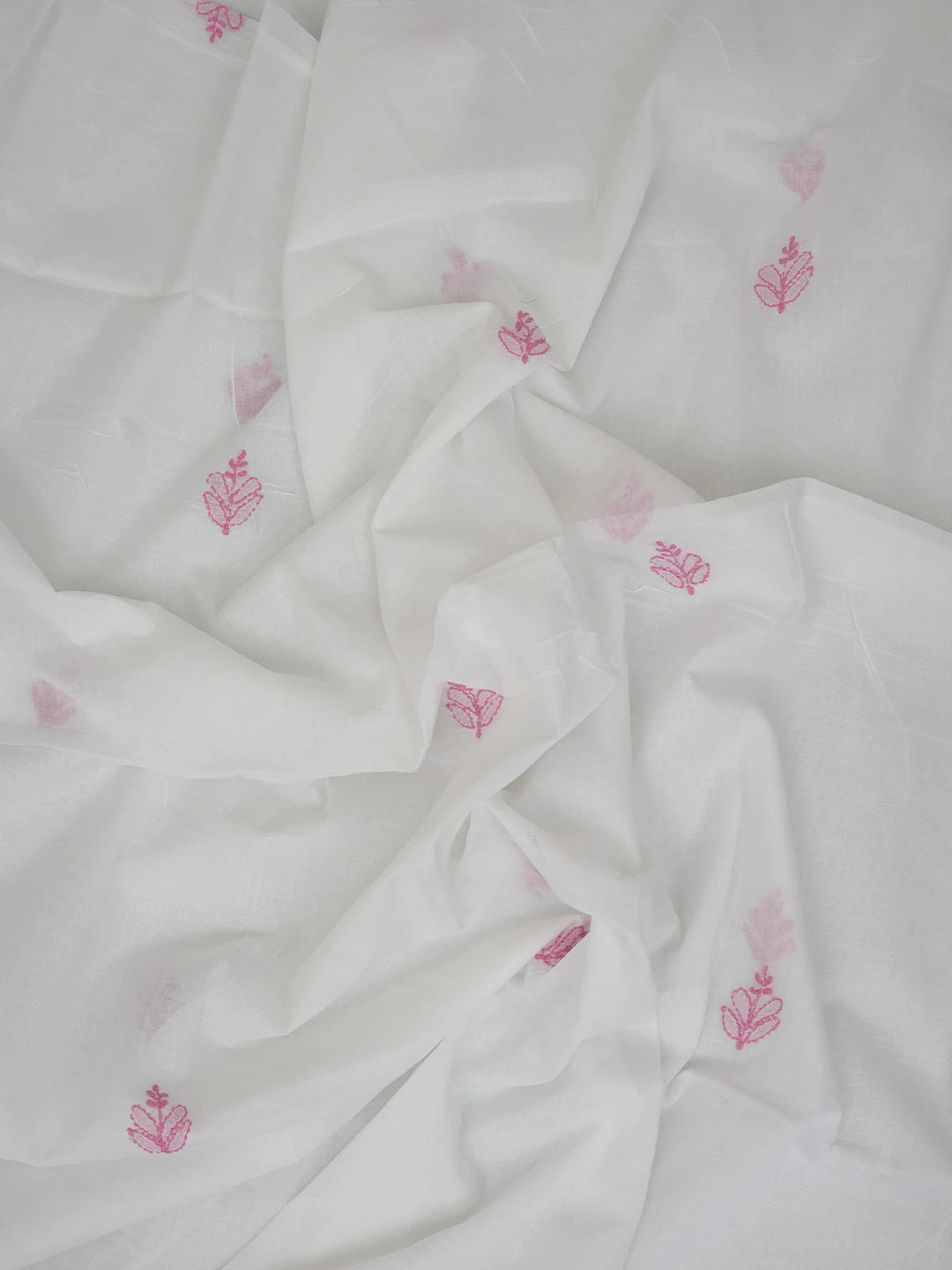 Ada Hand Embroidered White and Pink Cotton Lucknowi Chikankari Unstitched Suit Piece 01A765277