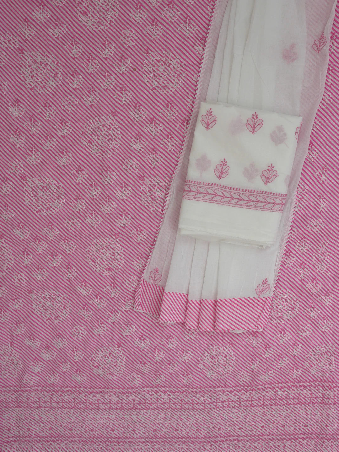 Ada Hand Embroidered White and Pink Cotton Lucknowi Chikankari Unstitched Suit Piece 01A765277
