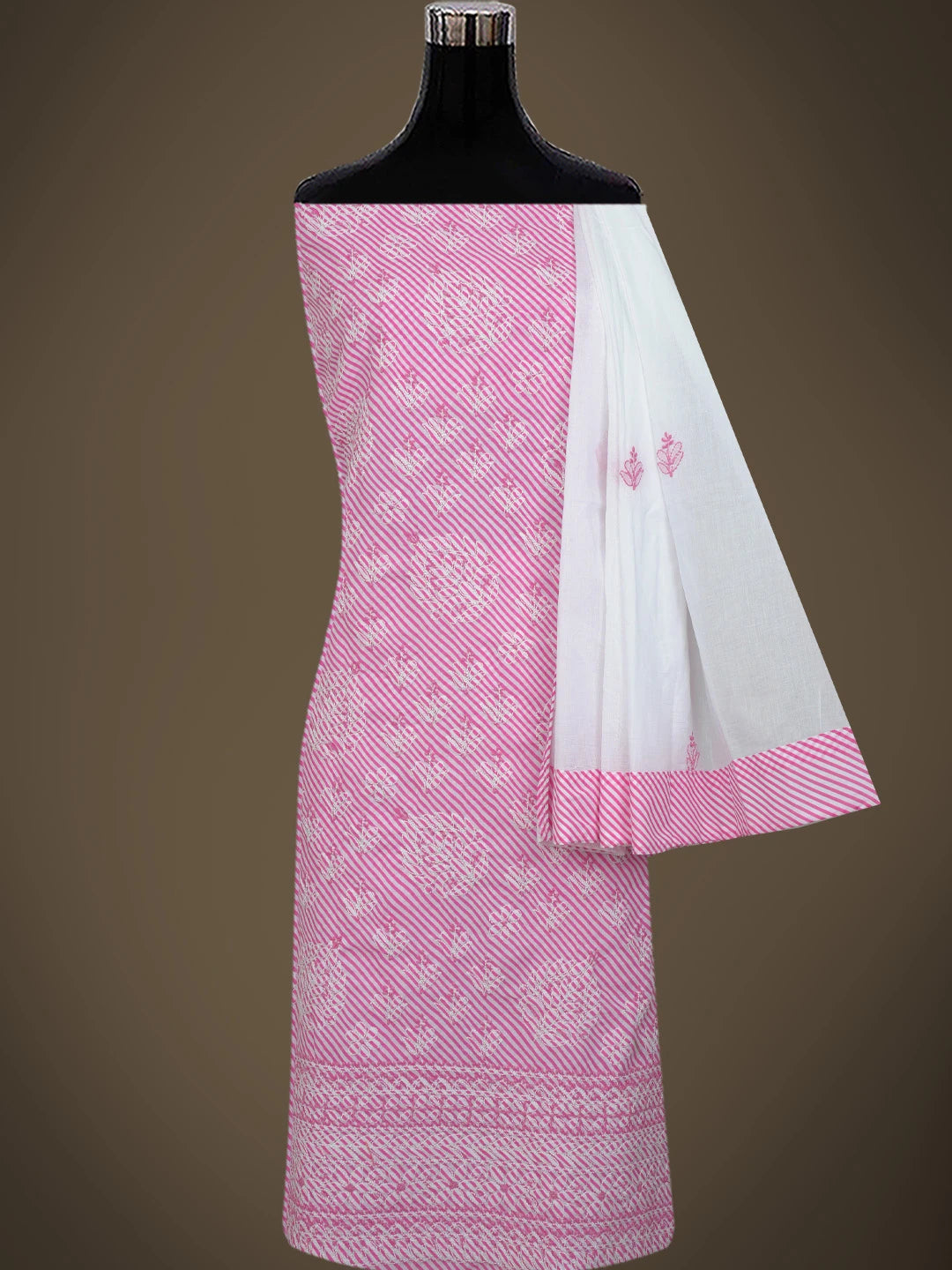 Ada Hand Embroidered White and Pink Cotton Lucknowi Chikankari Unstitched Suit Piece 01A765277