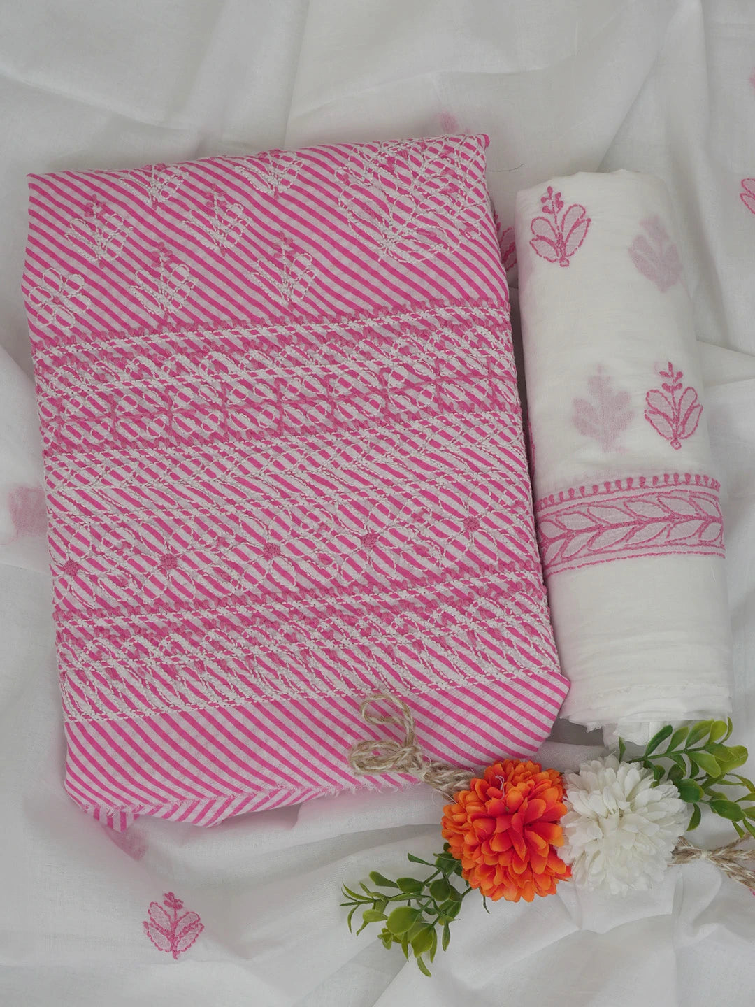Ada Hand Embroidered White and Pink Cotton Lucknowi Chikankari Unstitched Suit Piece 01A765277