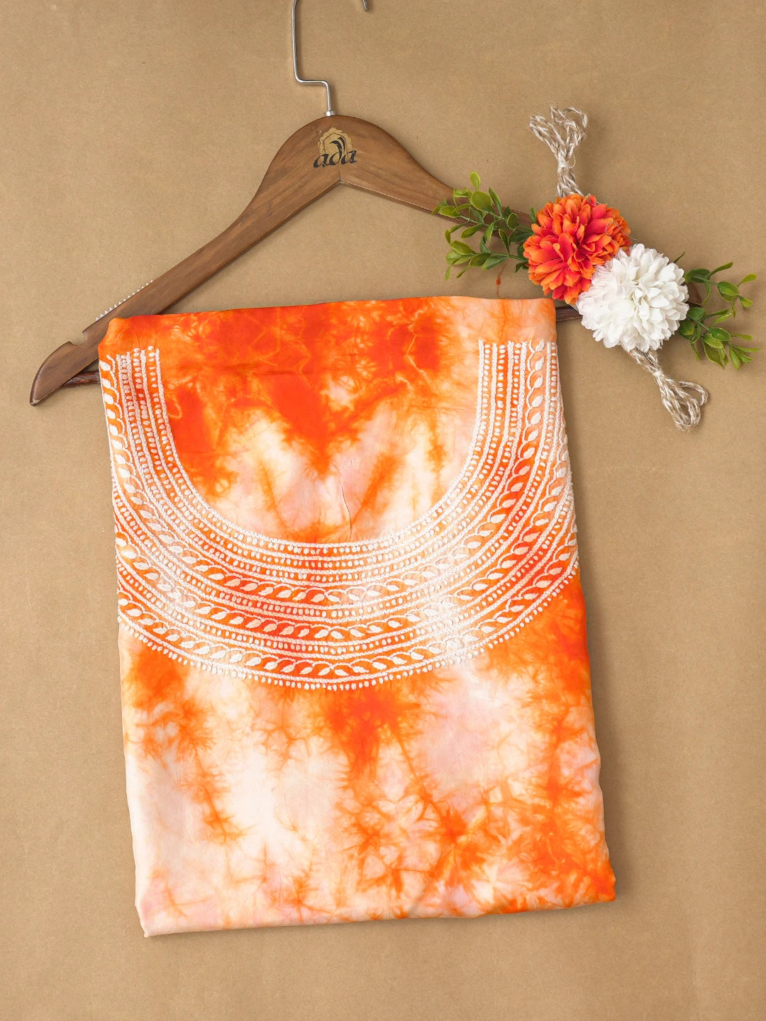 Ada Hand Embroidered Orange And White Shade Silk Lucknowi Chikankari Unstitched Kurta Piece A580456