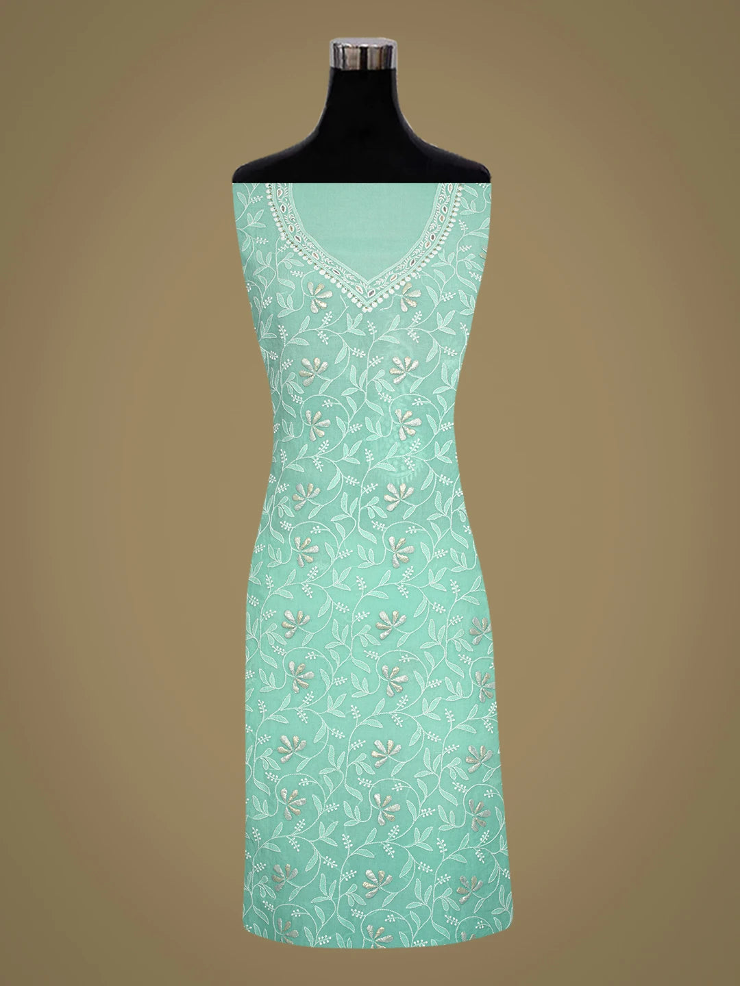 Ada Hand Embroidered Sea Green Organza Lucknowi Chikan Unstitched Kurta Piece With Zari Work A600728