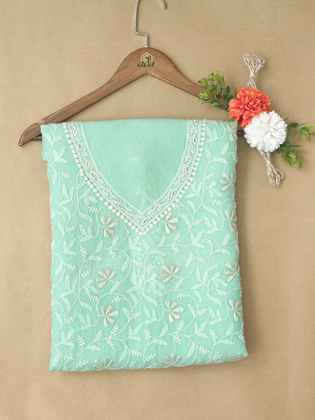 Ada Hand Embroidered Sea Green Organza Lucknowi Chikan Unstitched Kurta Piece With Zari Work A600728