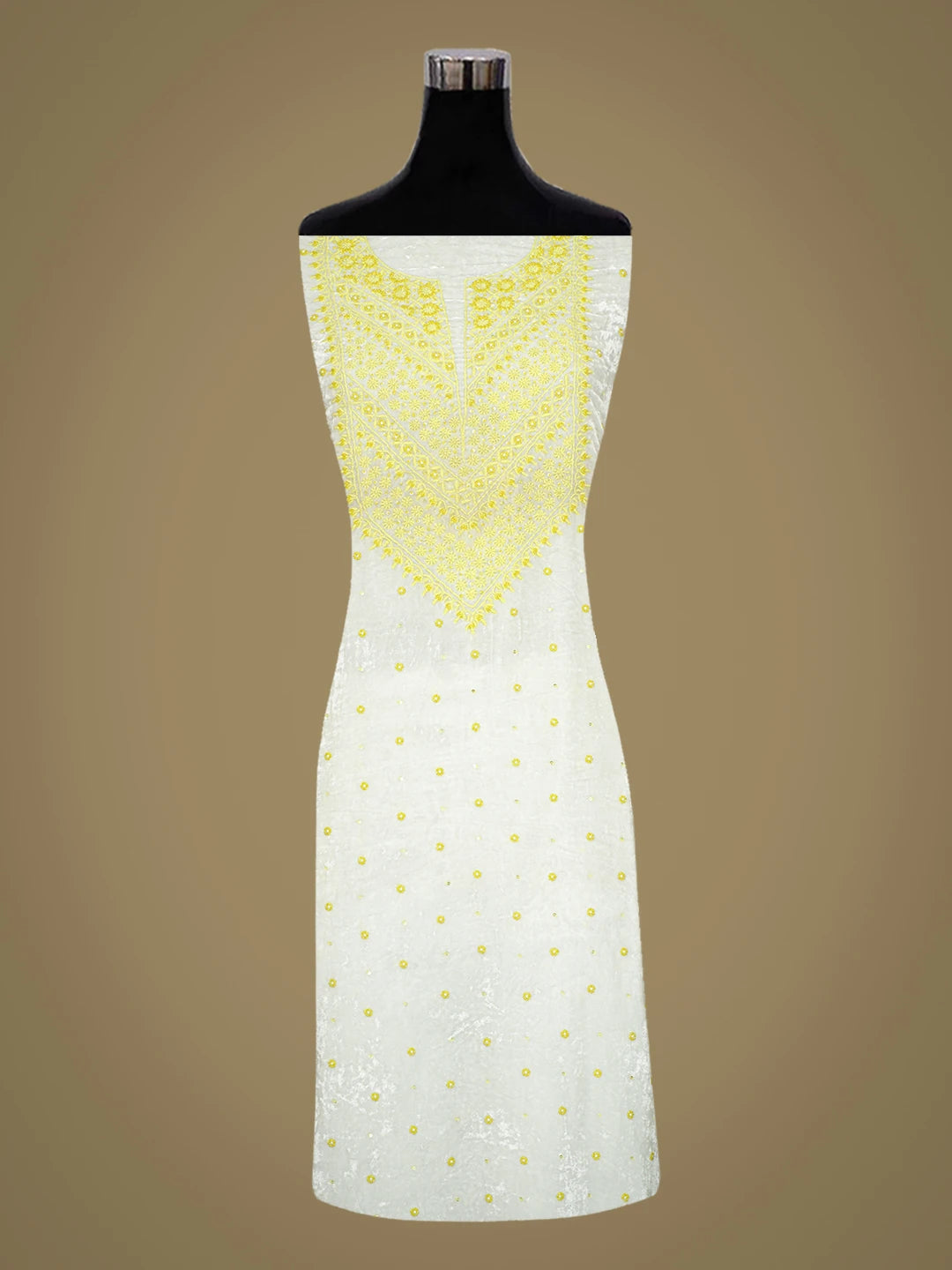Ada Hand Embroidered White Velvet Lucknowi Chikankari Unstitched Kurta Piece With Cutdana Work 01A340267