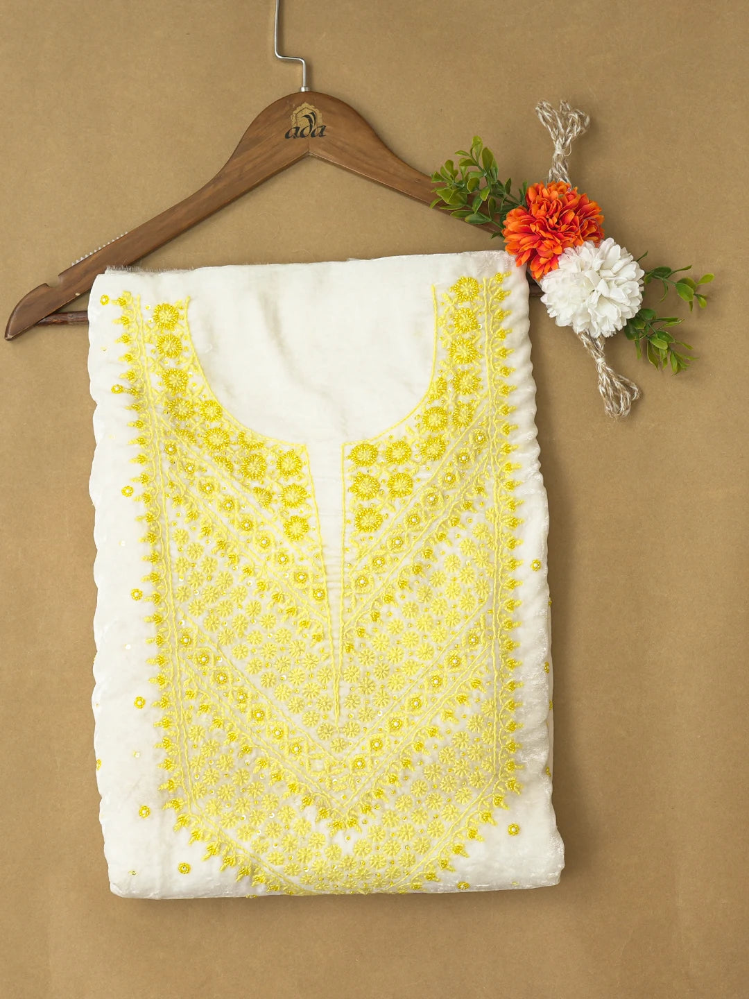 Ada Hand Embroidered White Velvet Lucknowi Chikankari Unstitched Kurta Piece With Cutdana Work 01A340267