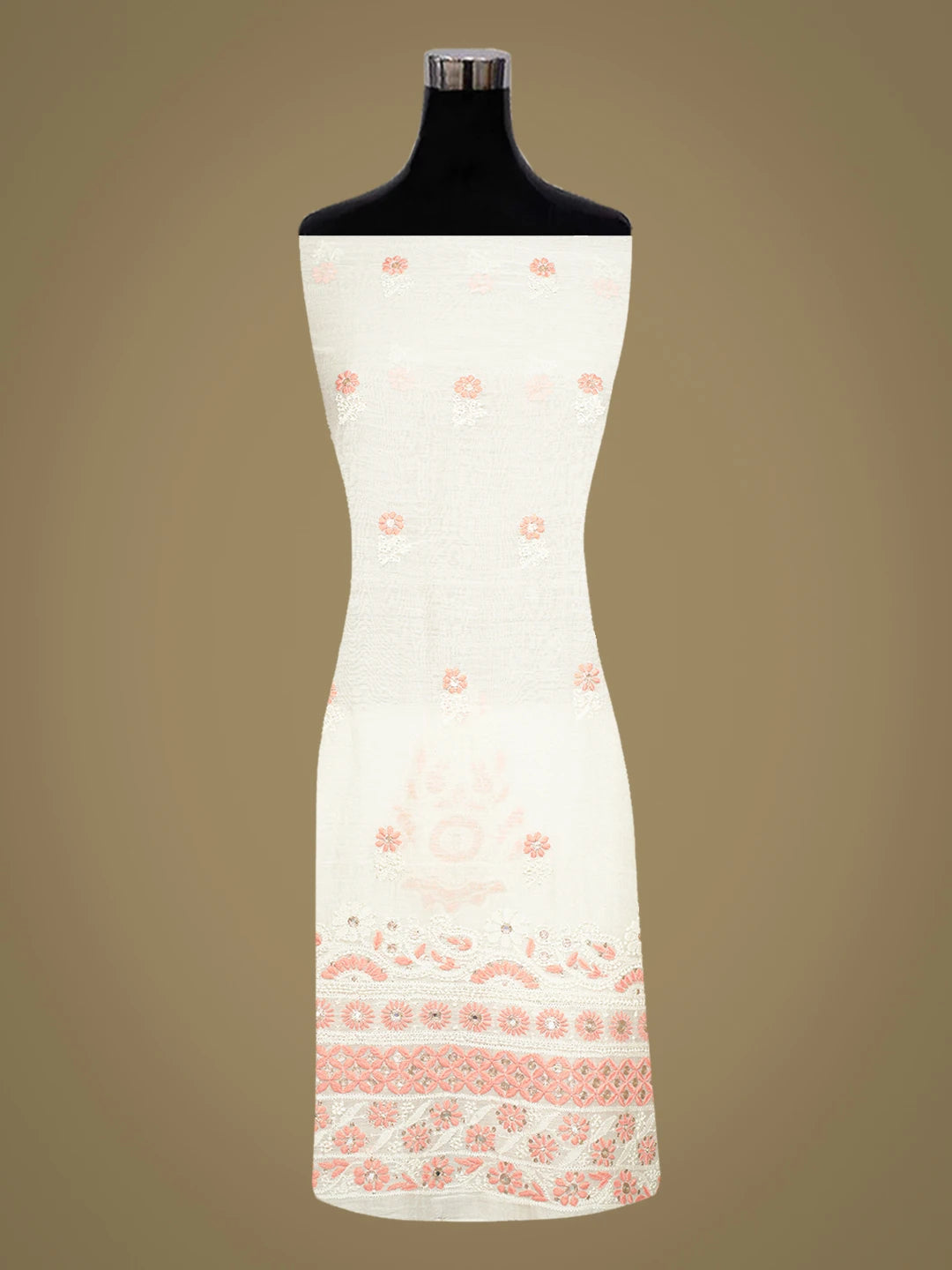 Ada Hand Embroidered White Chanderi Lucknowi Chikankari Unstitched Kurta Piece With Mirror Work 01A216069