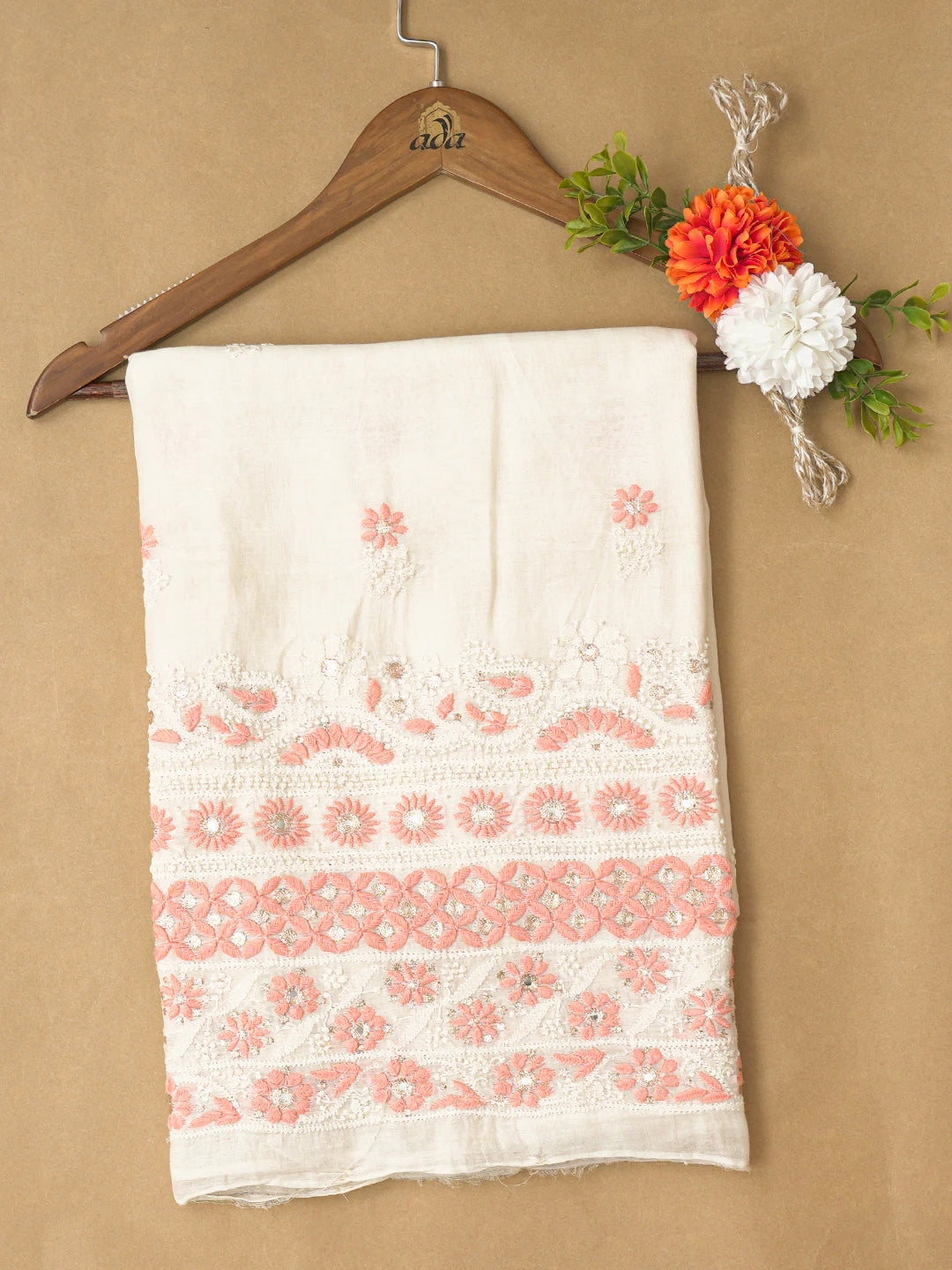 Ada Hand Embroidered White Chanderi Lucknowi Chikankari Unstitched Kurta Piece With Mirror Work 01A216069