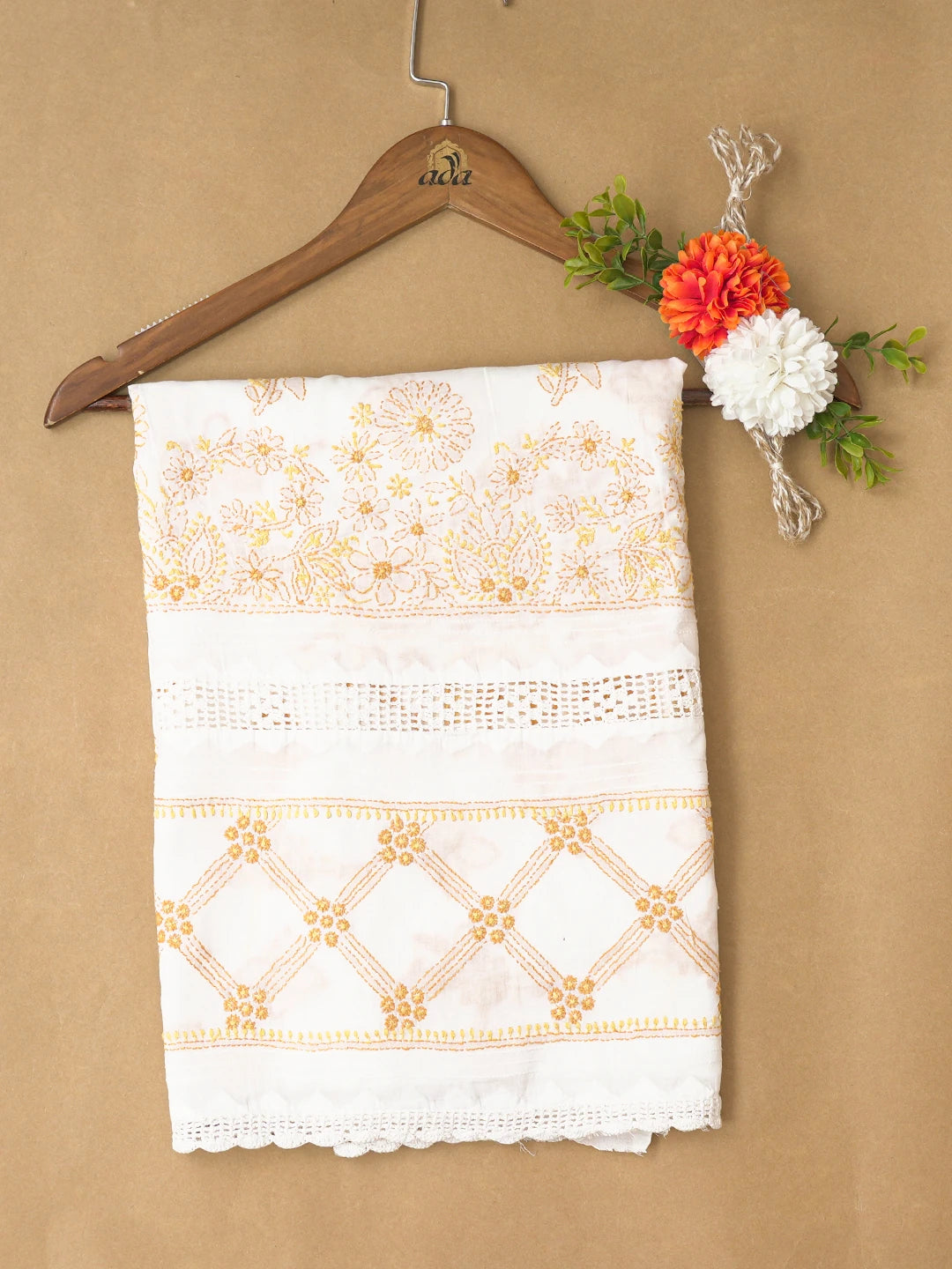 Ada Hand Embroidered White Cotton Lucknowi Chikankari Unstitched Kurta Piece 01A220732