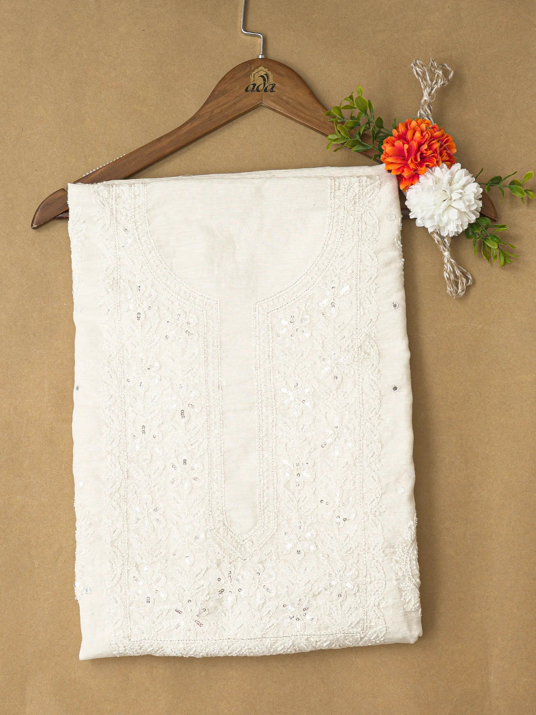 Ada Hand Embroidered White Chanderi Lucknowi Chikankari Unstitched Kurta Piece With Mirror Work 01A535534