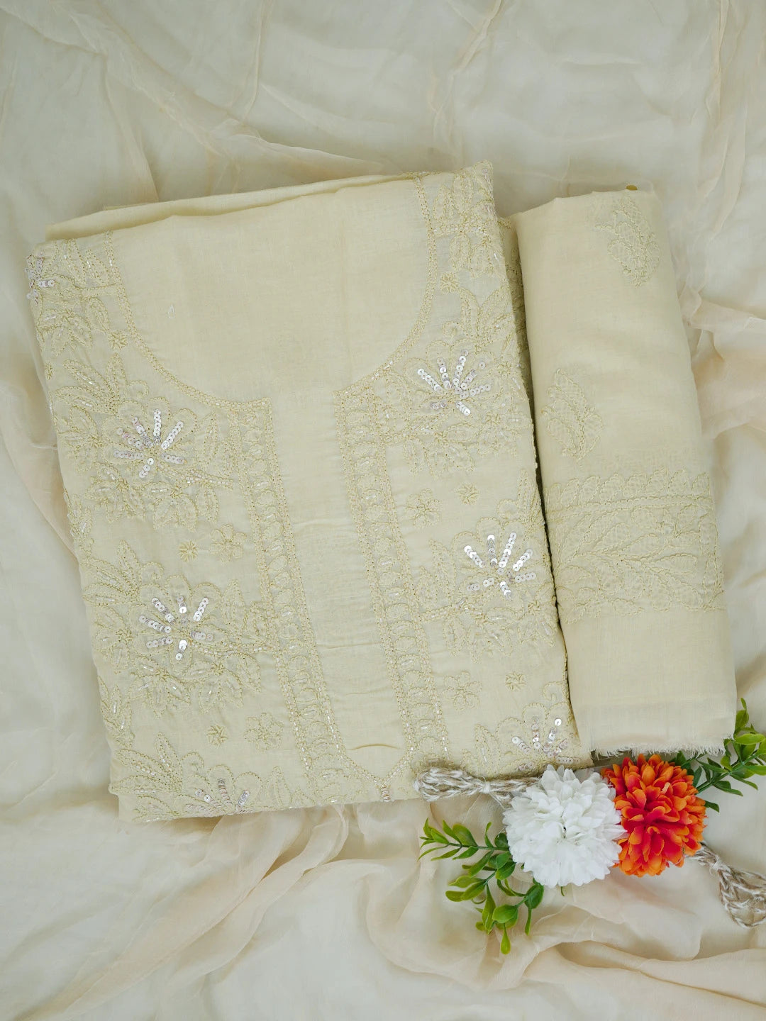 Ada Hand Embroidered Fawn Cotton Lucknowi Chikankari Unstitched Suit Piece With Cutdana Work 01A764790