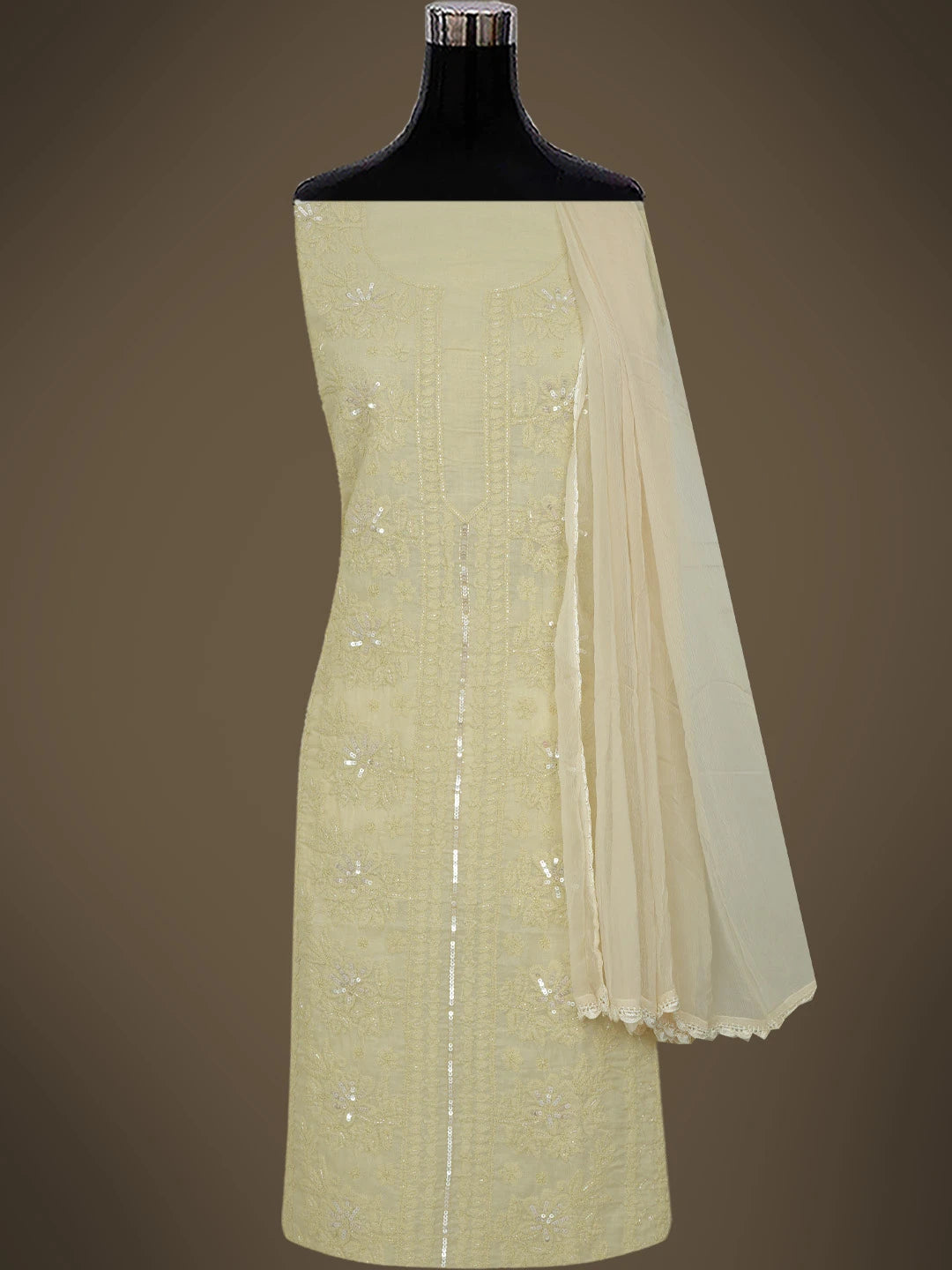 Ada Hand Embroidered Fawn Cotton Lucknowi Chikankari Unstitched Suit Piece With Cutdana Work 01A764790