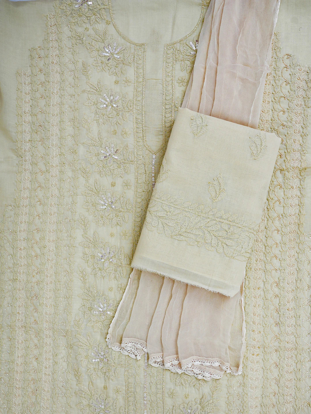 Ada Hand Embroidered Fawn Cotton Lucknowi Chikankari Unstitched Suit Piece With Cutdana Work 01A764790