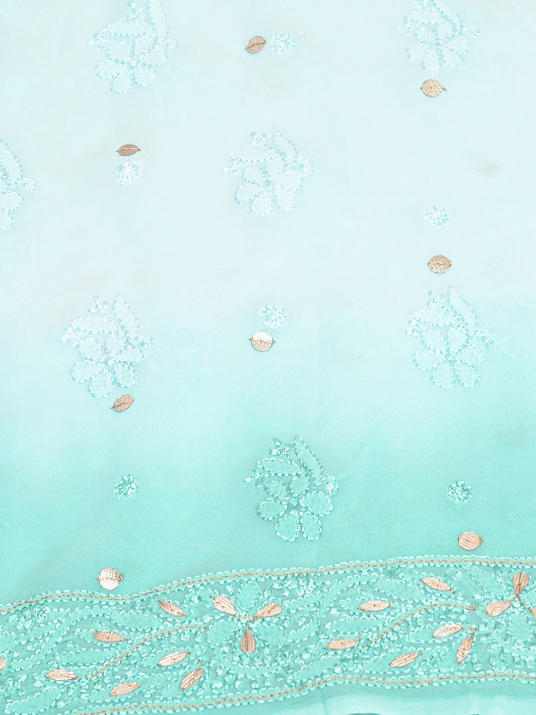 Ada Hand Embroidered Ombre Shade of Tiffany Blue & Verdigris Turquoise Viscose Georgette Lucknowi Chikankari Unstitched Kurta Dupatta Set with Gota Patti Work 01A751180