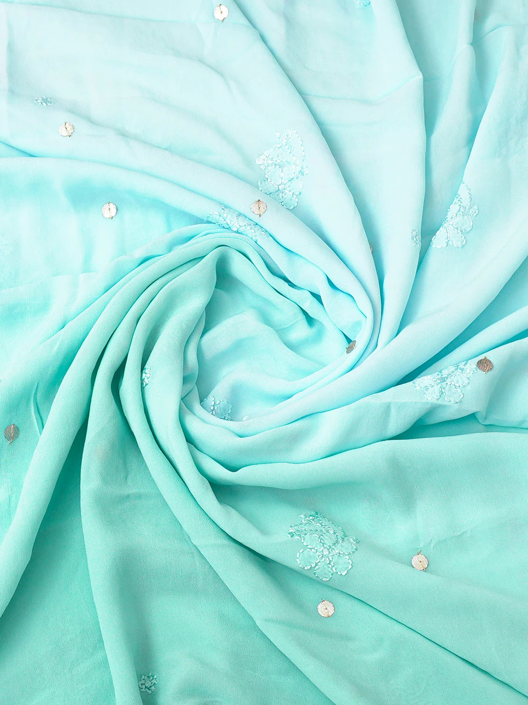 Ada Hand Embroidered Ombre Shade of Tiffany Blue & Verdigris Turquoise Viscose Georgette Lucknowi Chikankari Unstitched Kurta Dupatta Set with Gota Patti Work 01A751180