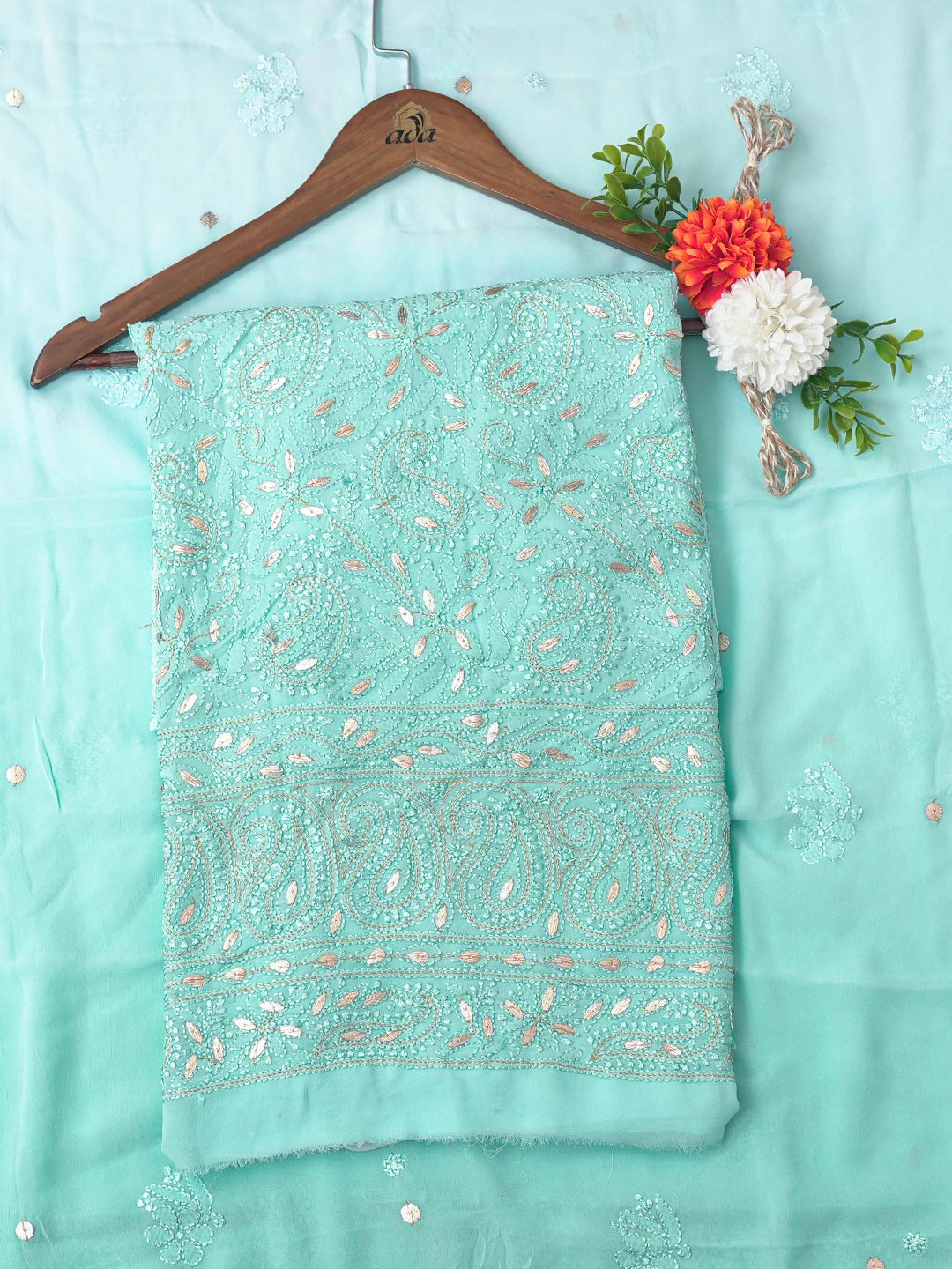 Ada Hand Embroidered Ombre Shade of Tiffany Blue & Verdigris Turquoise Viscose Georgette Lucknowi Chikankari Unstitched Kurta Dupatta Set with Gota Patti Work 01A751180