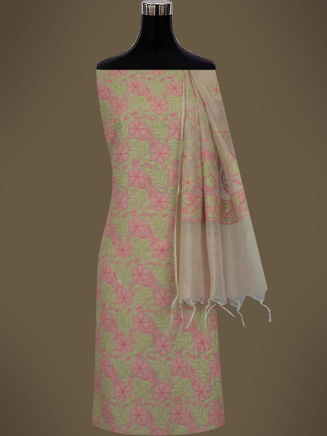 Ada Hand Embroidered Fawn Chanderi Lucknowi Chikankari Unstitched Kurta Dupatta Set 01A763869