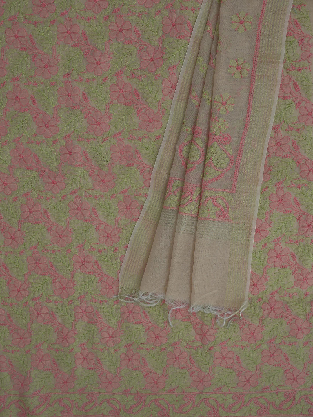 Ada Hand Embroidered Fawn Chanderi Lucknowi Chikankari Unstitched Kurta Dupatta Set 01A763869