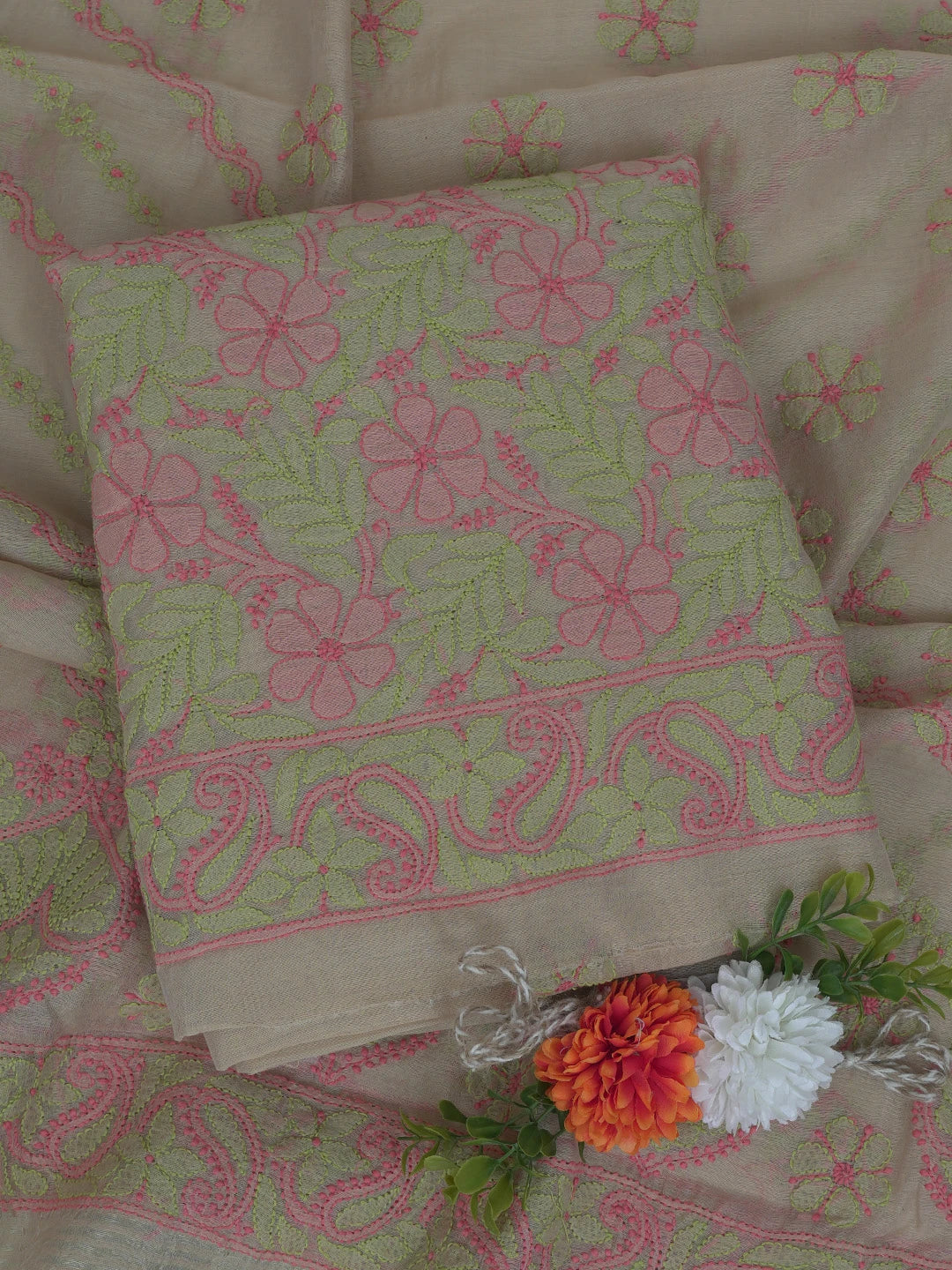 Ada Hand Embroidered Fawn Chanderi Lucknowi Chikankari Unstitched Kurta Dupatta Set 01A763869