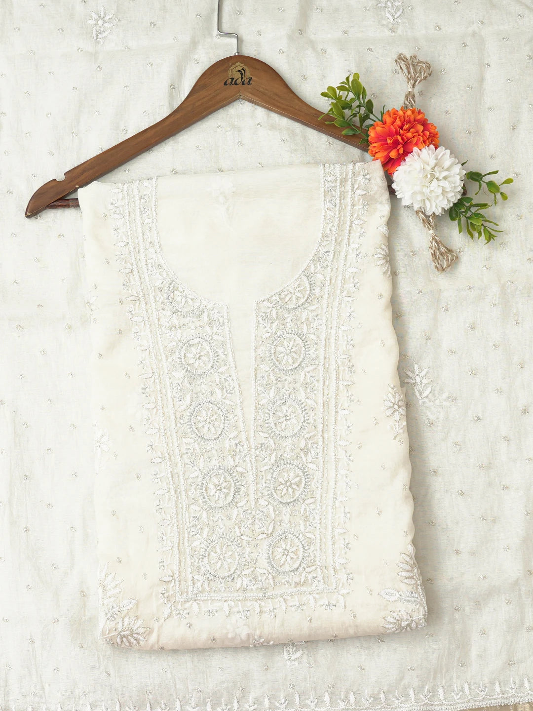 Ada Hand Embroidered White Chanderi Lucknowi Chikankari Unstitched Kurta Dupatta Set With Cutdana Work 01A762770