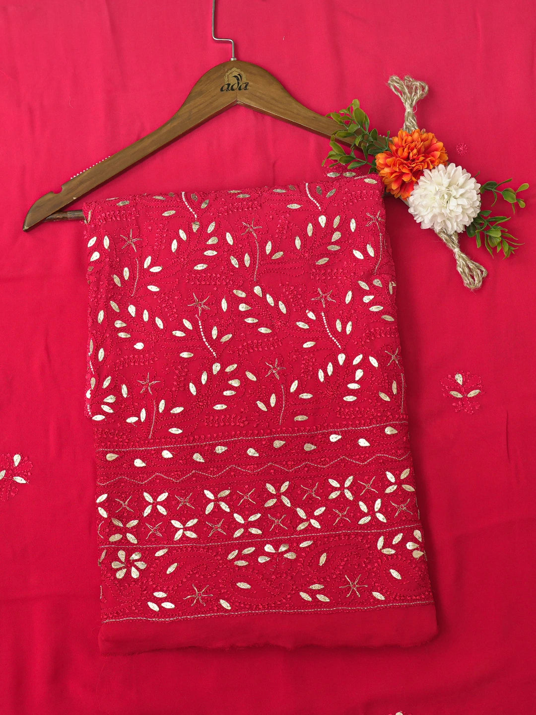 Ada Hand Embroidered Ombre Carrot Pink Viscose Georgette Lucknowi Chikankari Unstitched Kurta Dupatta Set With Gota Patti Work 01A751189