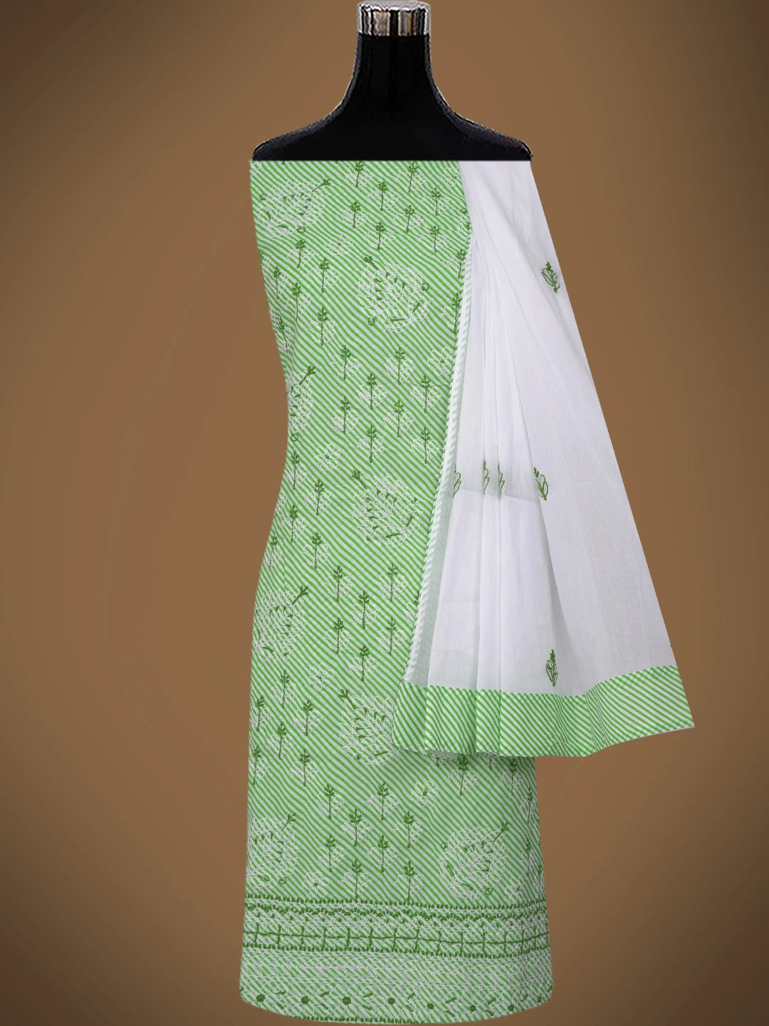 Ada Hand Embroidered White and Green Cotton Lucknowi Chikankari Unstitched Suit Piece 01A765274