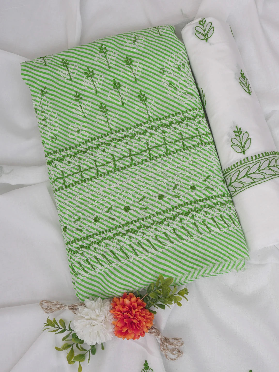 Ada Hand Embroidered White and Green Cotton Lucknowi Chikankari Unstitched Suit Piece 01A765274