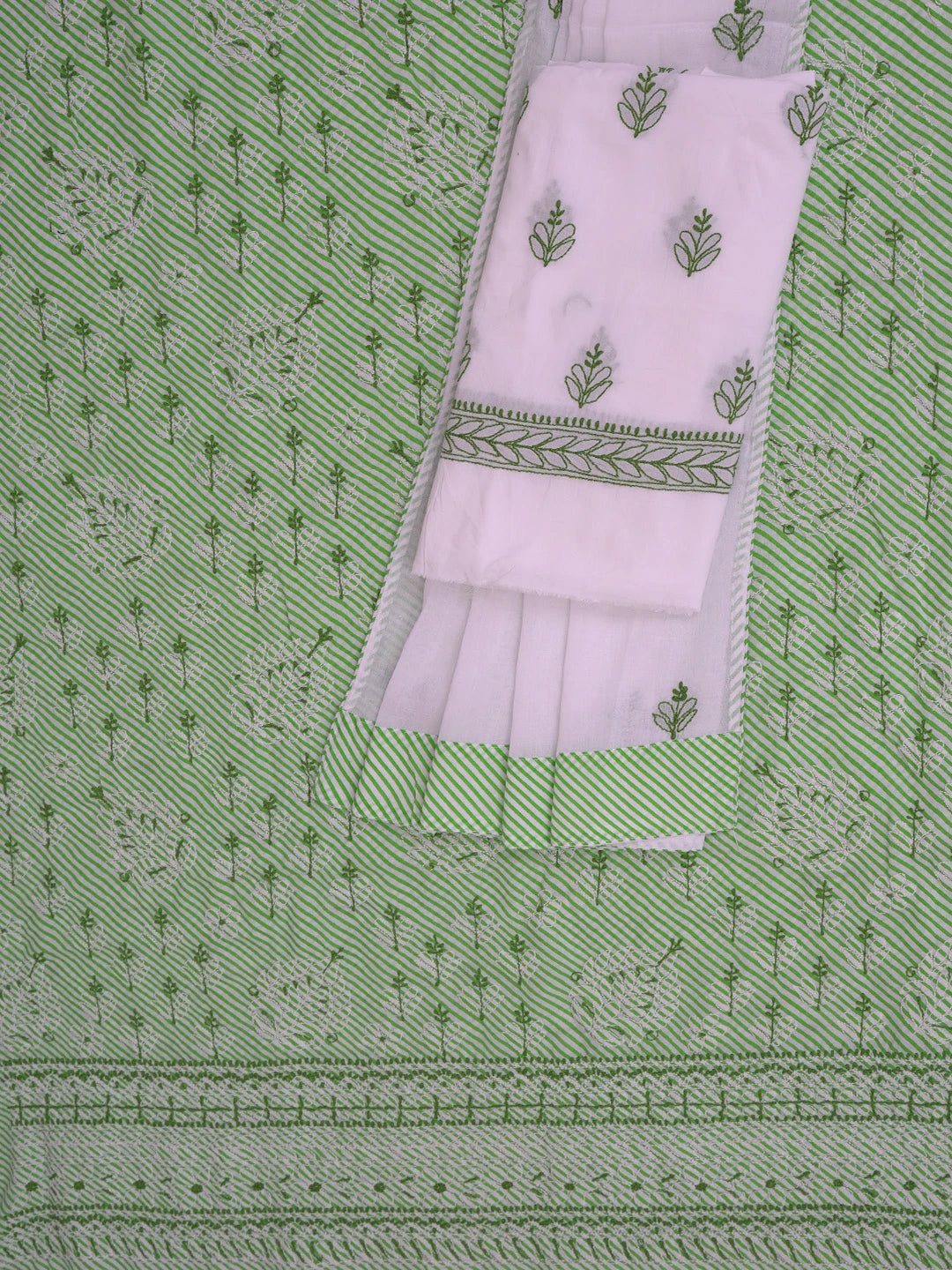 Ada Hand Embroidered White and Green Cotton Lucknowi Chikankari Unstitched Suit Piece 01A765274