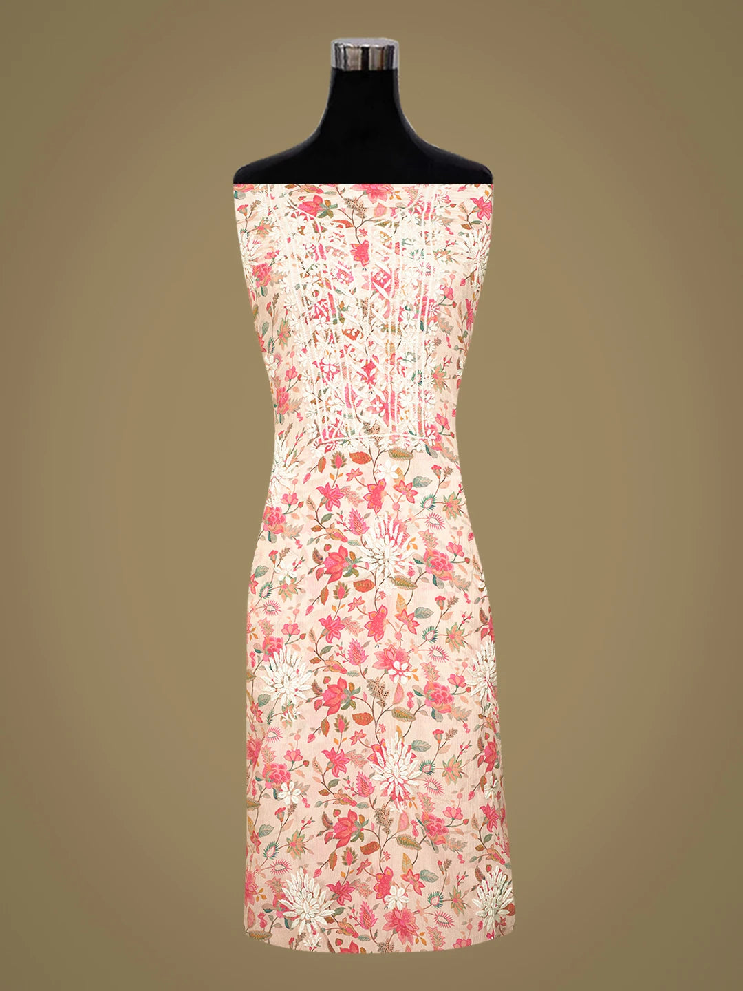 Ada Hand Embroidered Peach Crepe Floral Printed Lucknowi Chikankari Unstitched Kurta Dupatta Set 01A722916