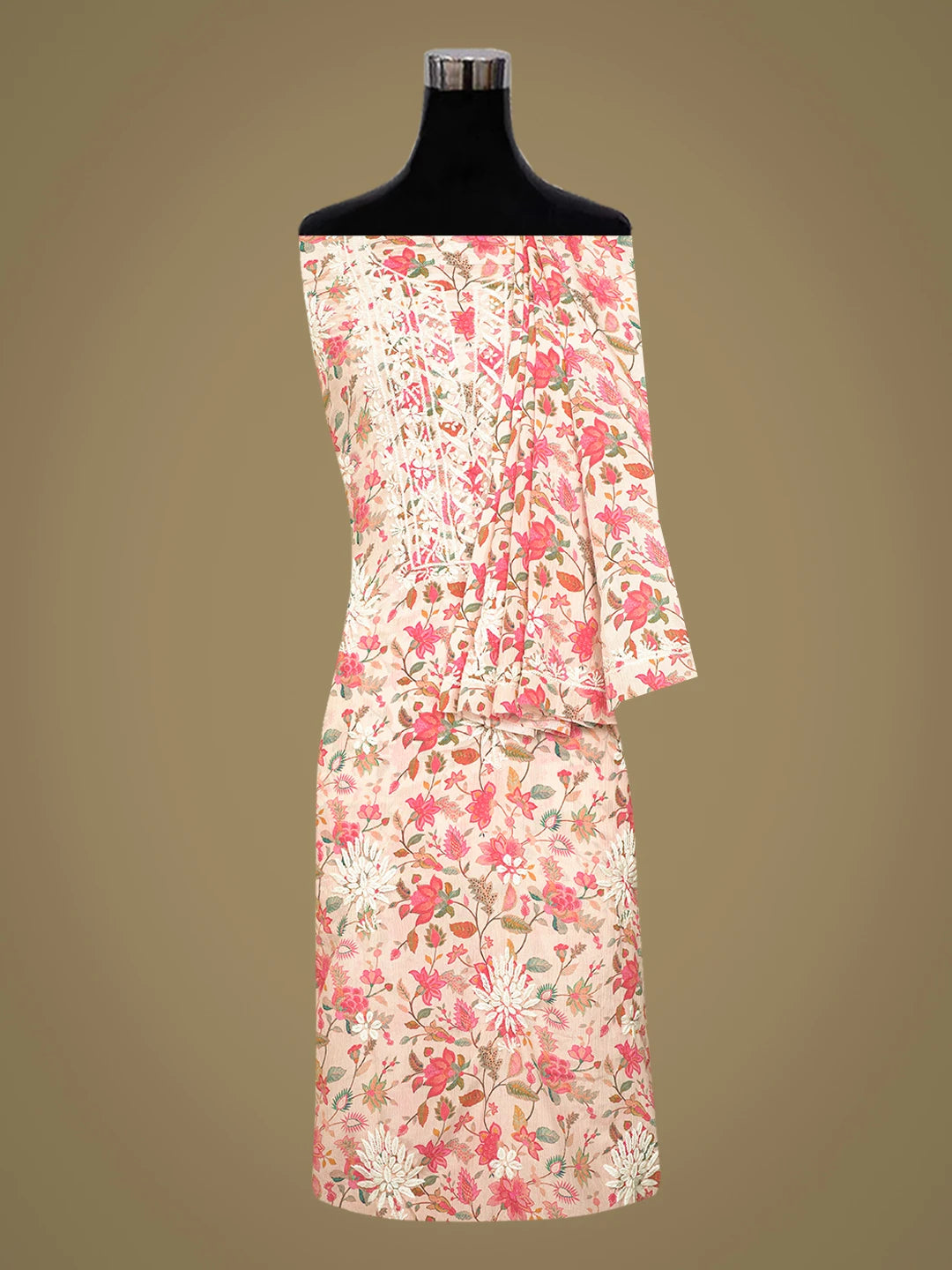 Ada Hand Embroidered Peach Crepe Floral Printed Lucknowi Chikankari Unstitched Kurta Dupatta Set 01A722916