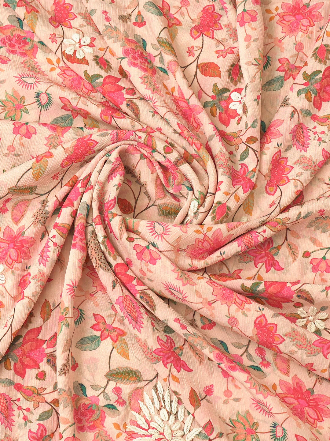 Ada Hand Embroidered Peach Crepe Floral Printed Lucknowi Chikankari Unstitched Kurta Dupatta Set 01A722916