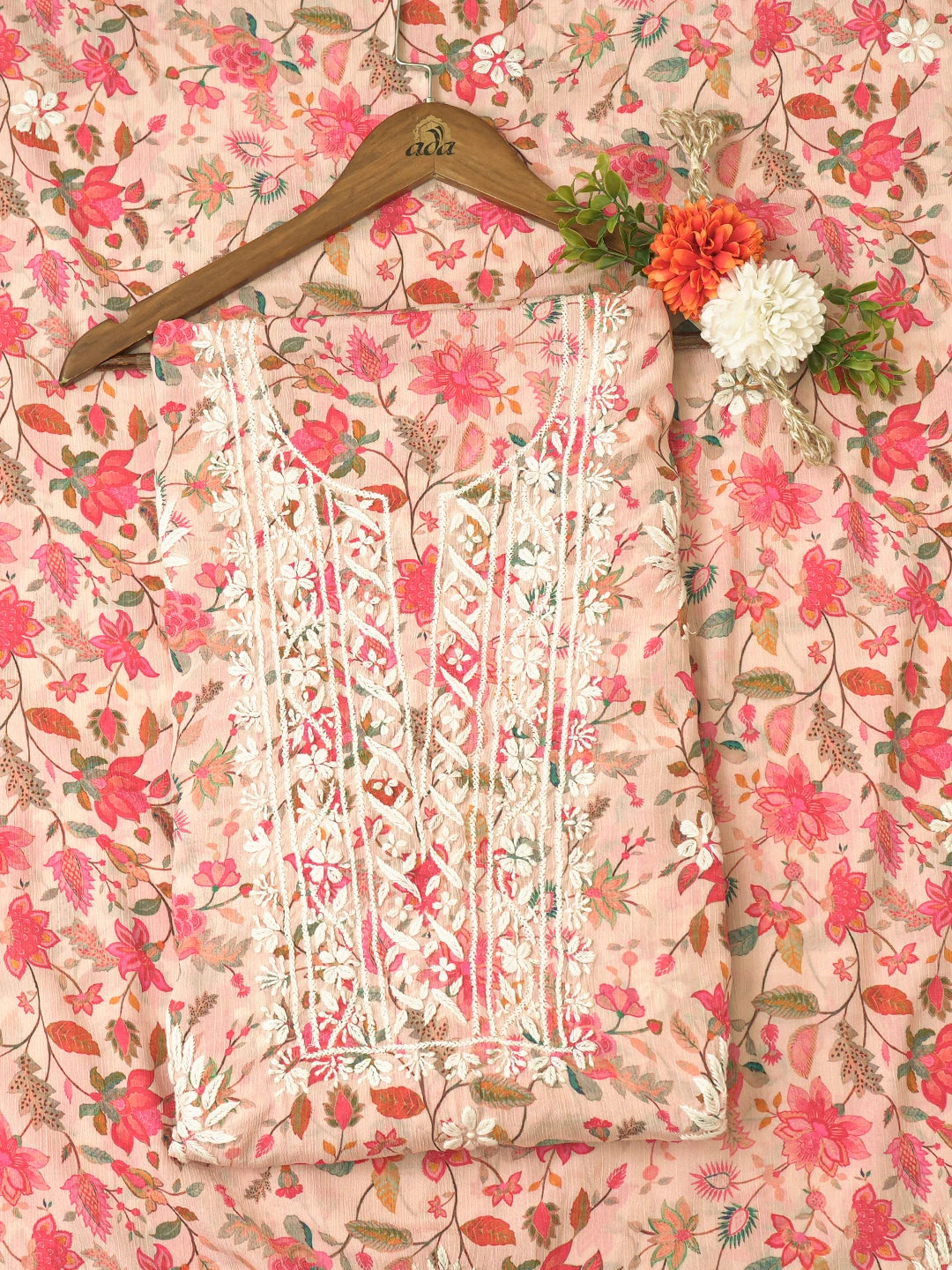 Ada Hand Embroidered Peach Crepe Floral Printed Lucknowi Chikankari Unstitched Kurta Dupatta Set 01A722916