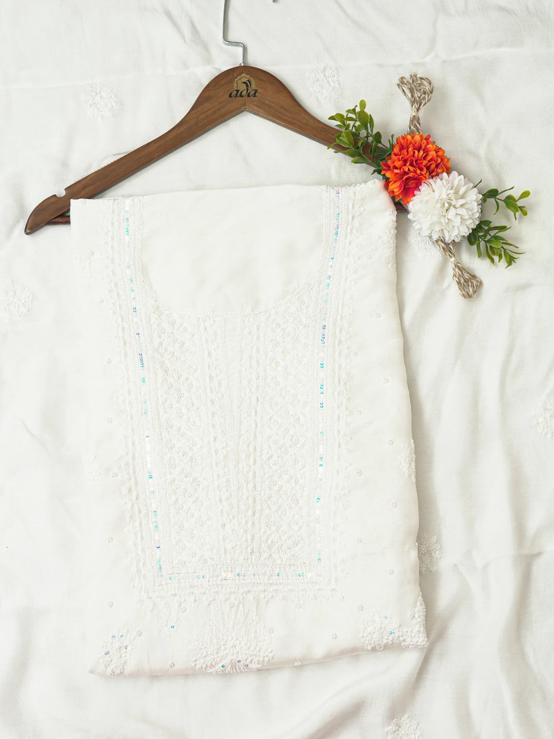 Ada Hand Embroidered White Muslin Lucknowi Chikankari Unstitched Kurta Dupatta Set With Cutdana Work 01A737395