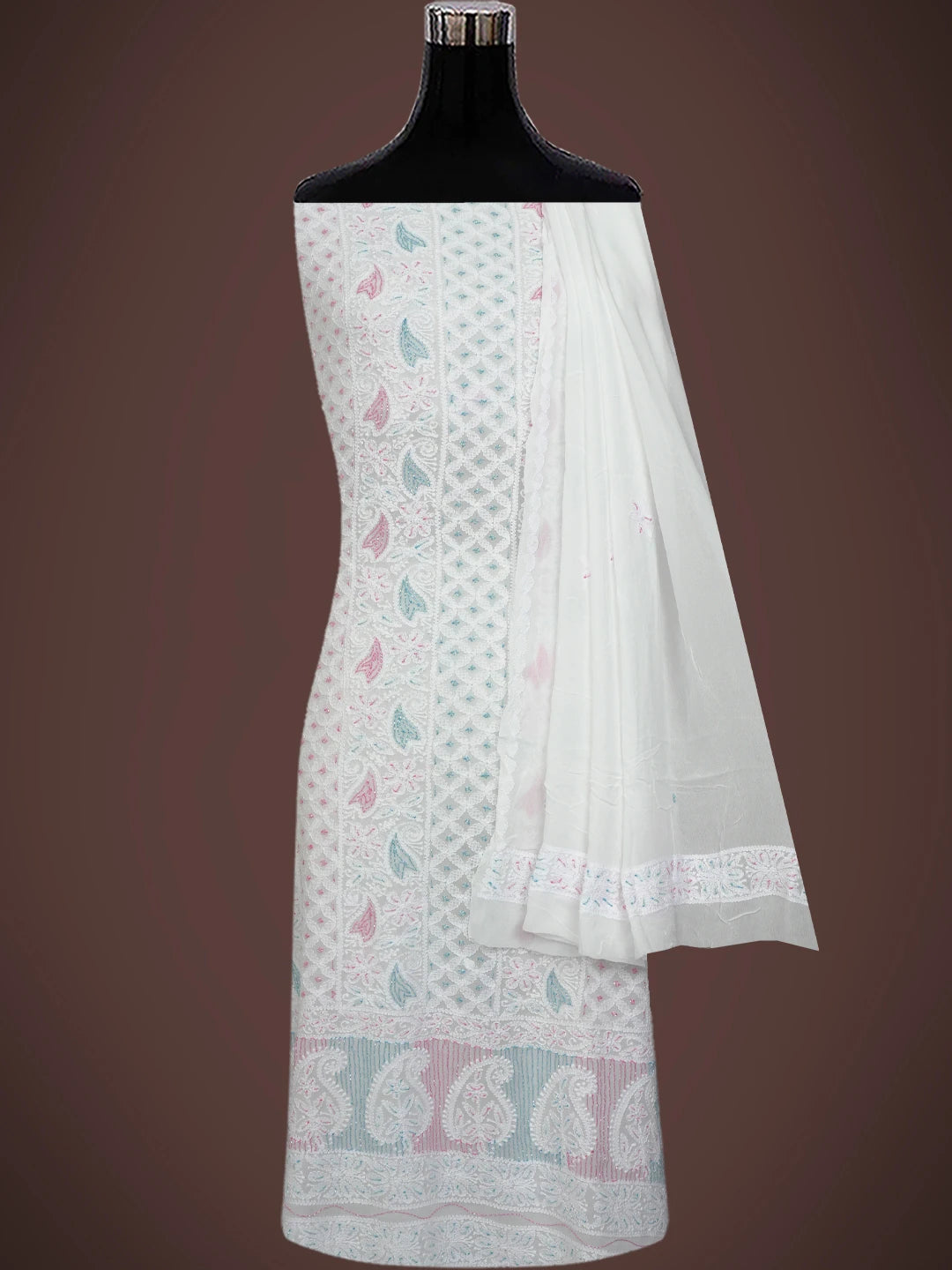 Ada Hand Embroidered White Viscose Georgette Lucknowi Chikankari Unstitched Kurta Dupatta Set With Cutdana Work 01A764516